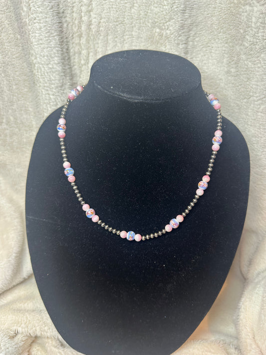 4mm pearl + 6mm pink conch + 8mm ceramic necklace - sterling silver pearls