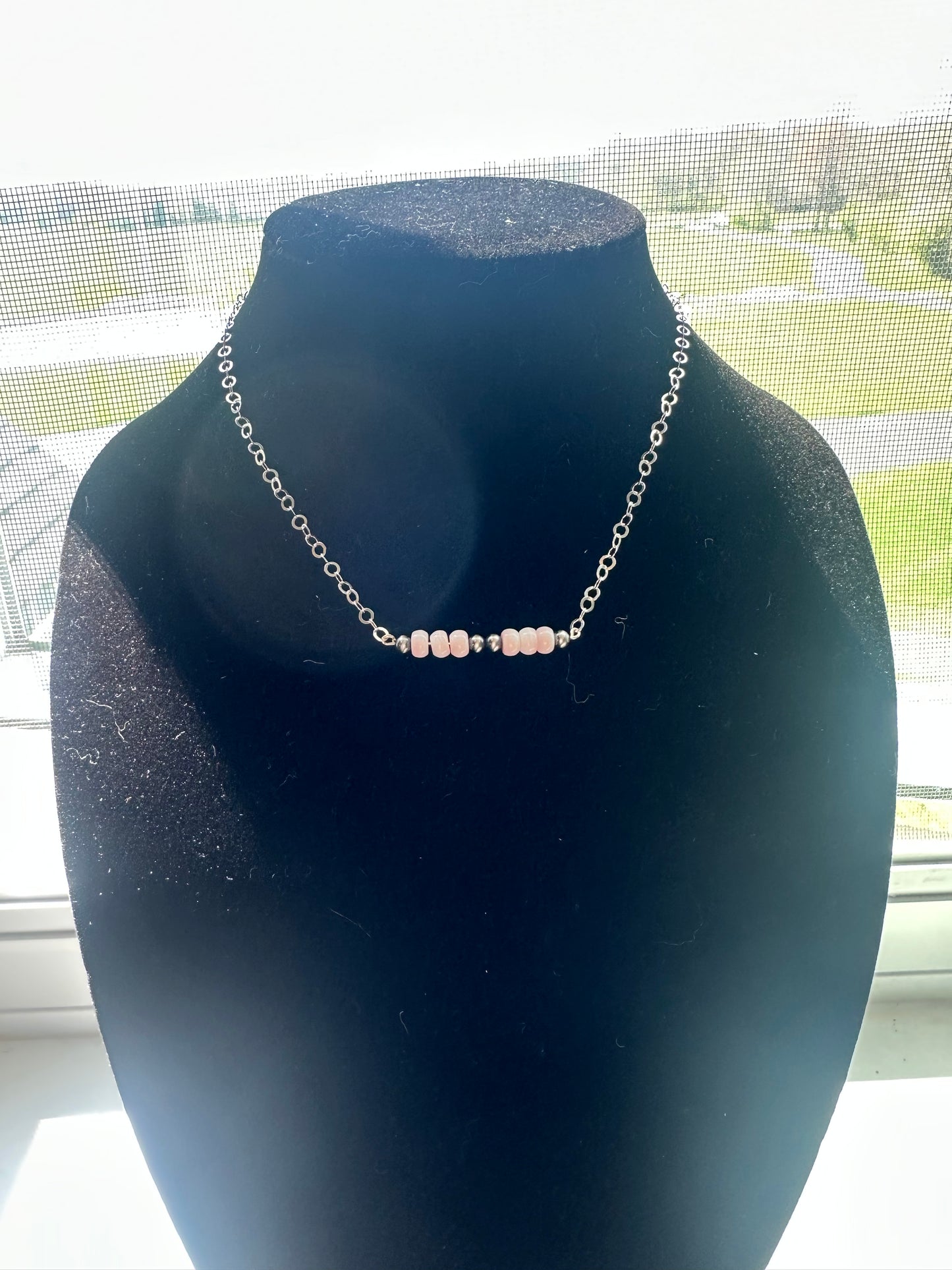 queen pink conch + 4mm sterling silver bead bar - Sterling Silver chain necklace