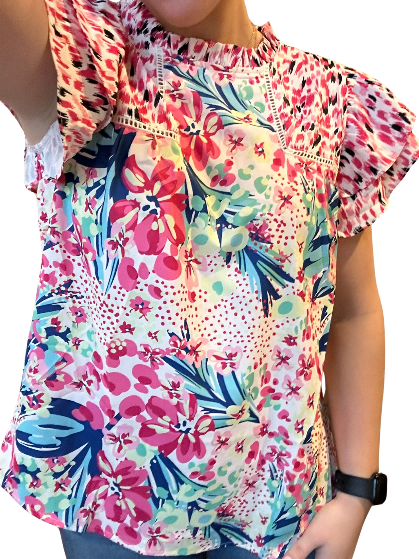 Pink Floral Mixed Print Ruffle Cap Sleeve Blouse