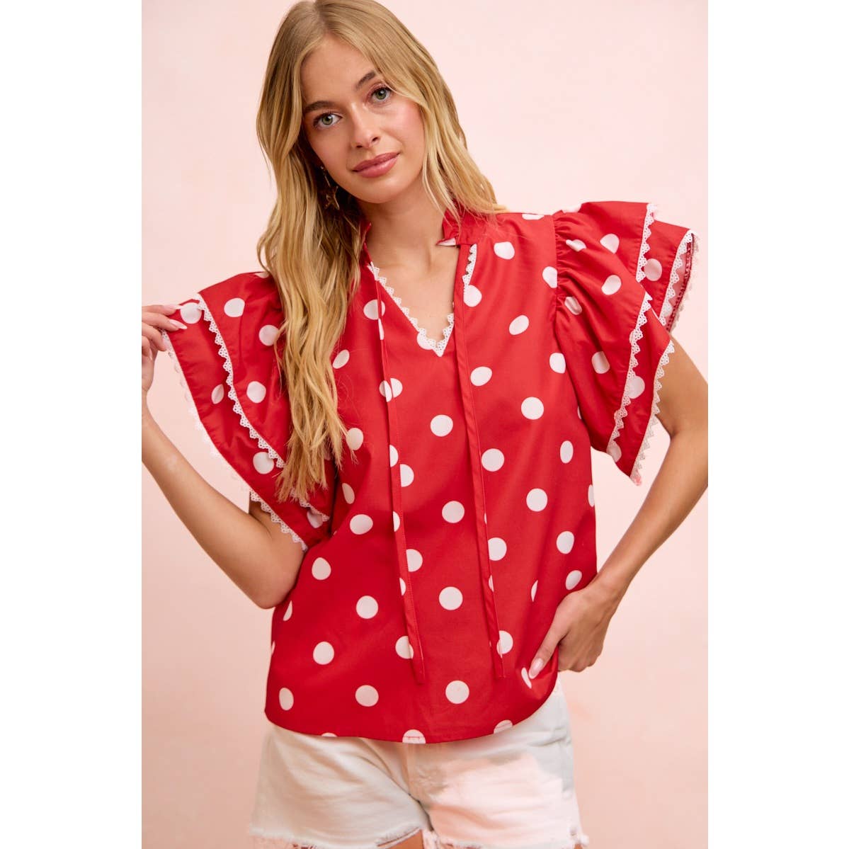 POLKA DOT PRINTED RUFFLE TRIM EDGE BLOUSE TOP
