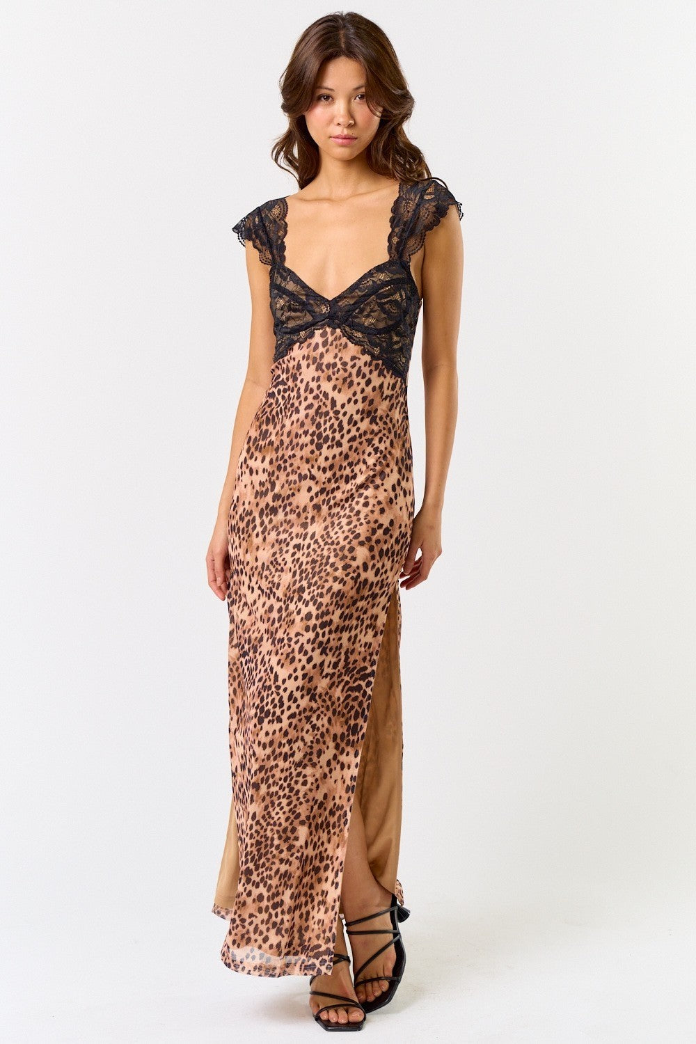 Mesh Leopard Lace Detail Side Slit Maxi Dress