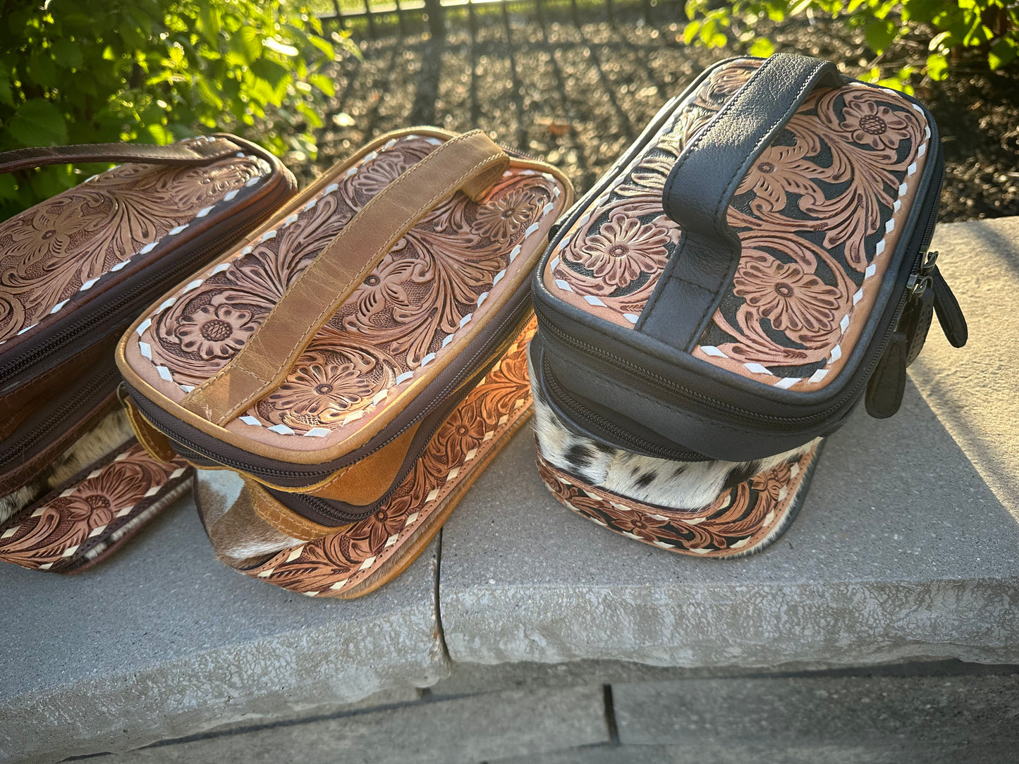 Hand Tooled Leather Cosmetic Make up Bag Women Travel Portable Pouch - Luxury Toiletry Bag