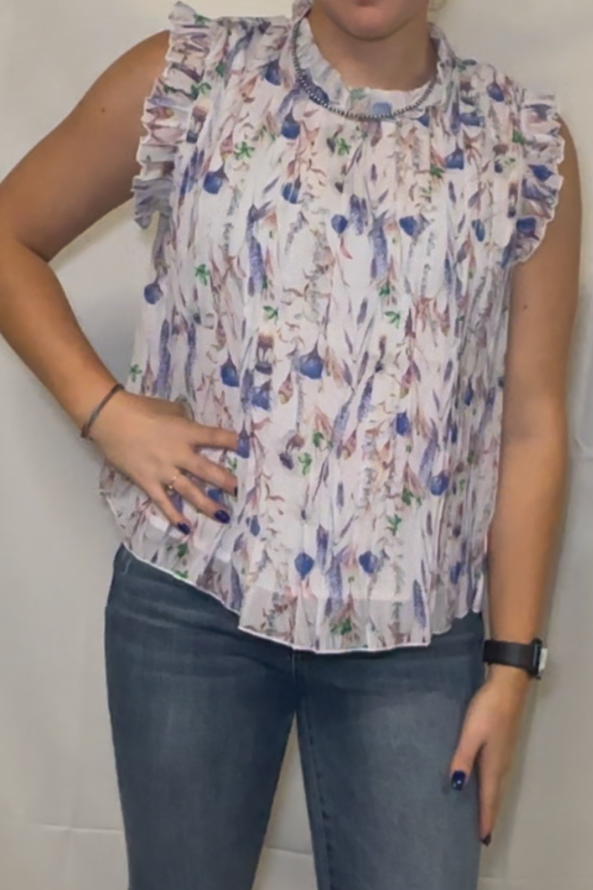 Floral Sleeveless Frill Neck Pleated Babydoll Tops