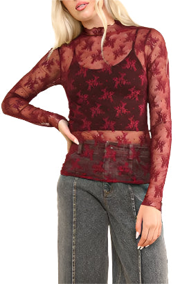 High Neck Sheer Lace Knit Top *3COLORS