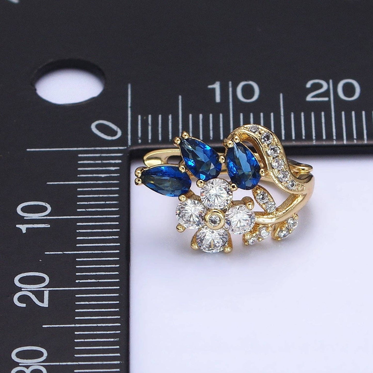 Gold Filled Flower Blue Teardrop CZ 13mm Huggie Earrings