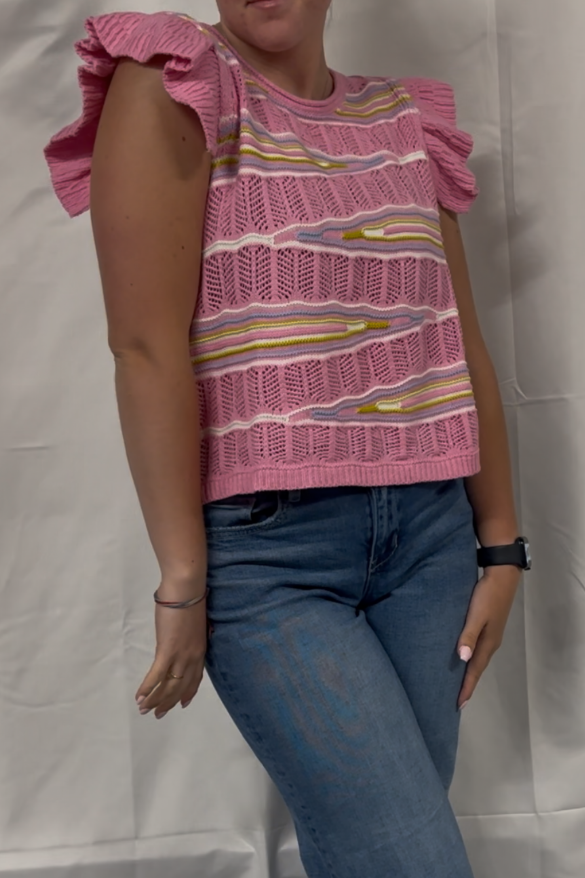 Ruffle Sleeve Pointelle Crop Sweater Top