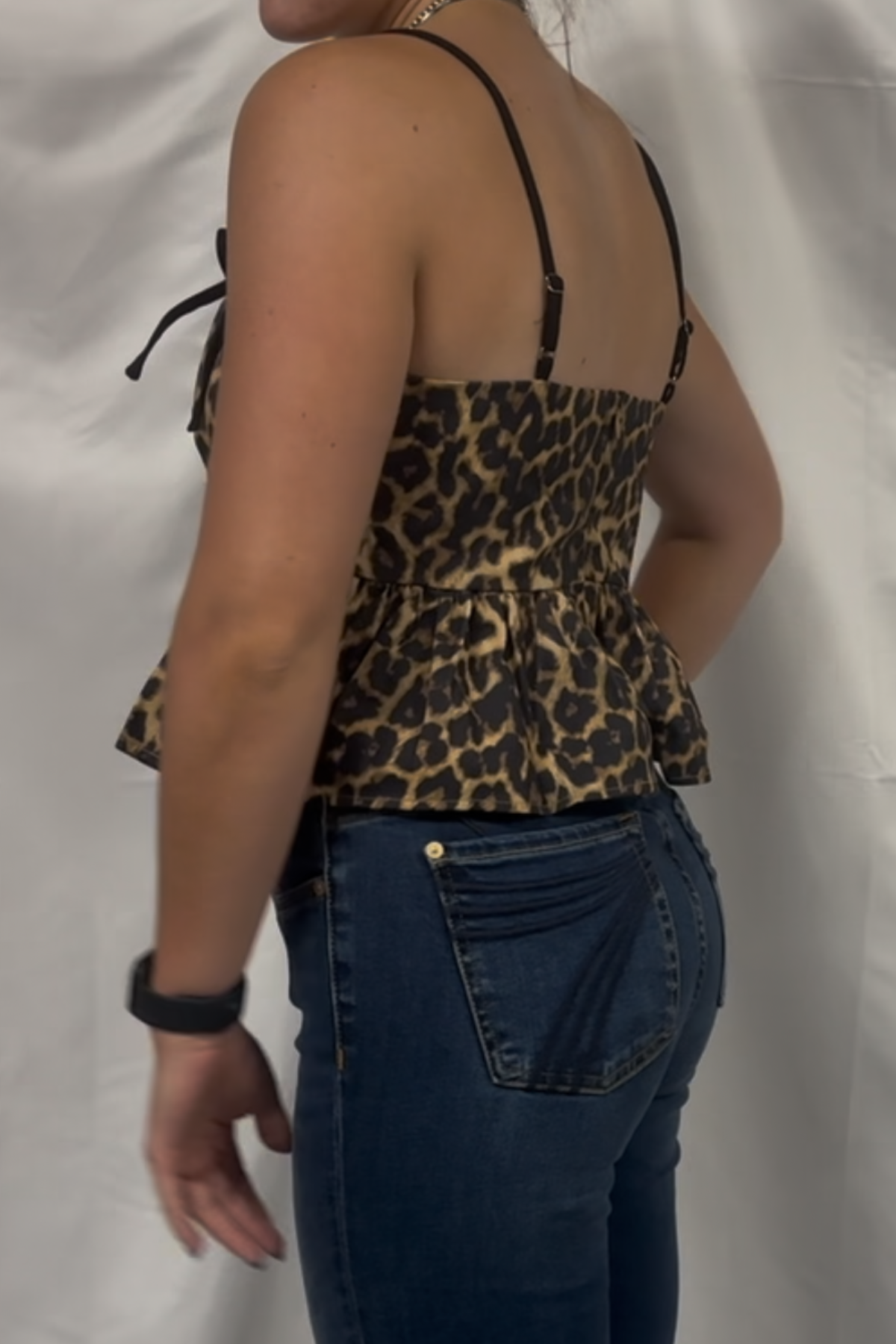Leopard Print Adjustable Tie Straps Peplum Top