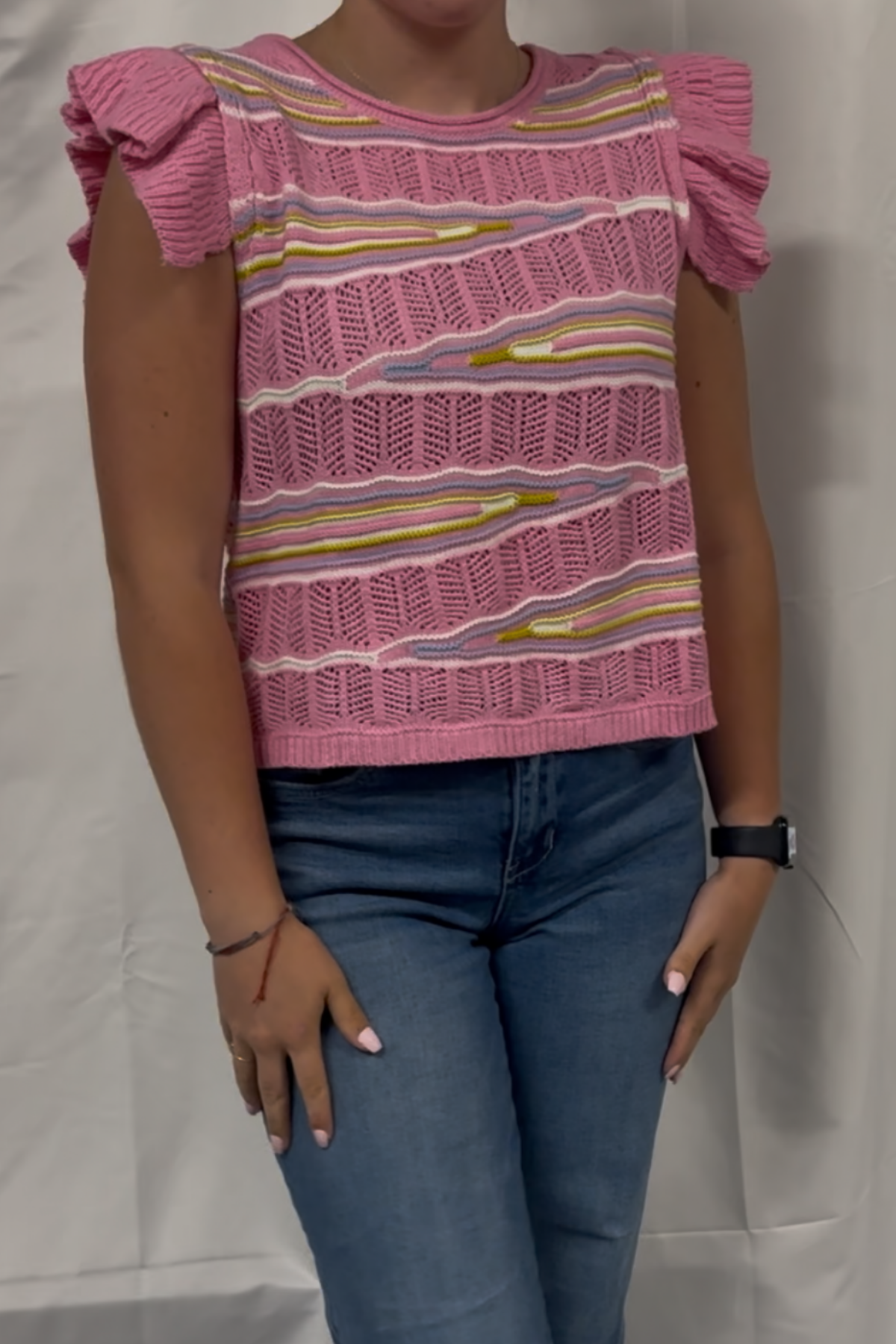 Ruffle Sleeve Pointelle Crop Sweater Top