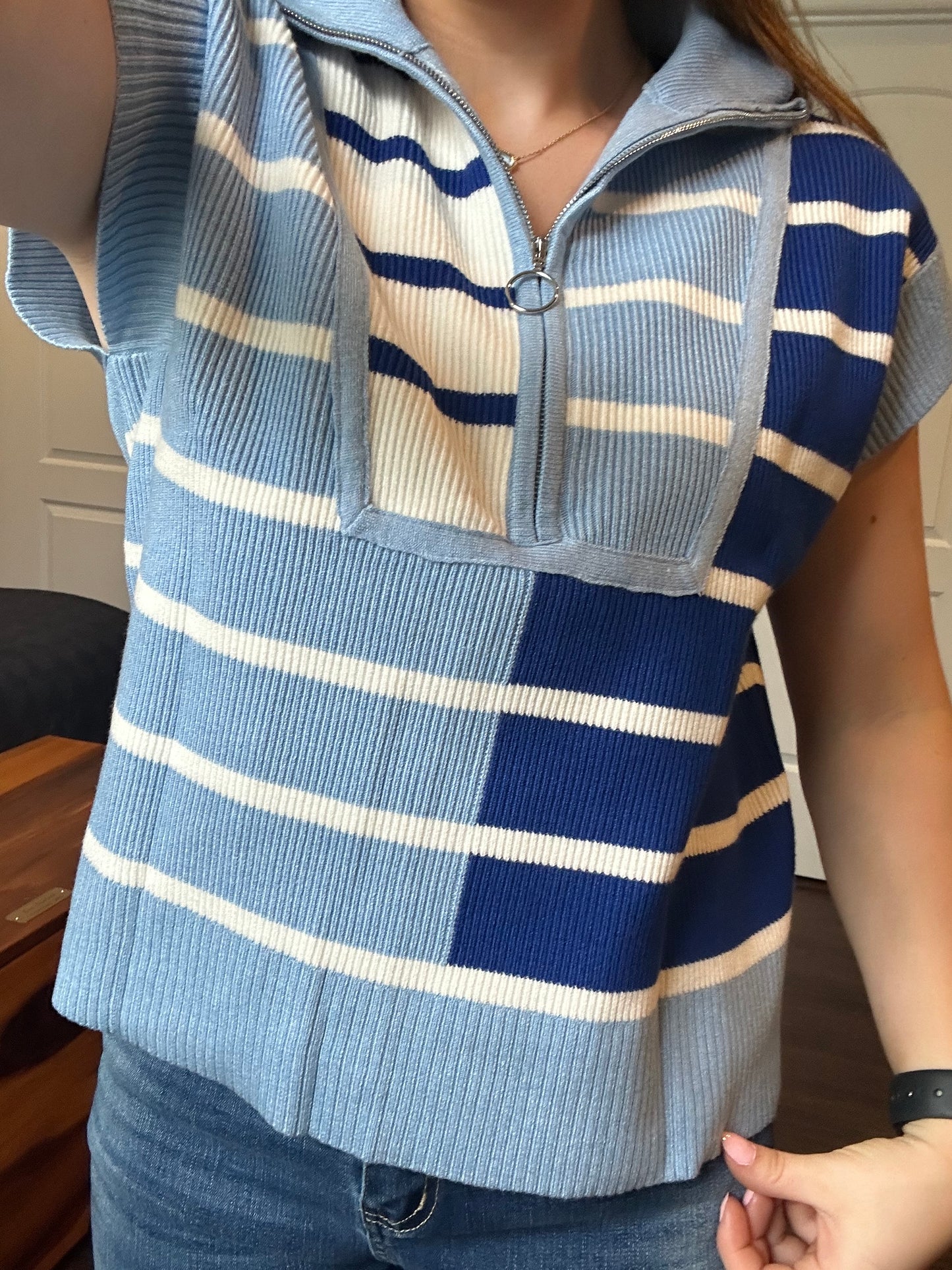 Sky Blue Stripe Colorblock Quarter Zip Collar Sweater Vest