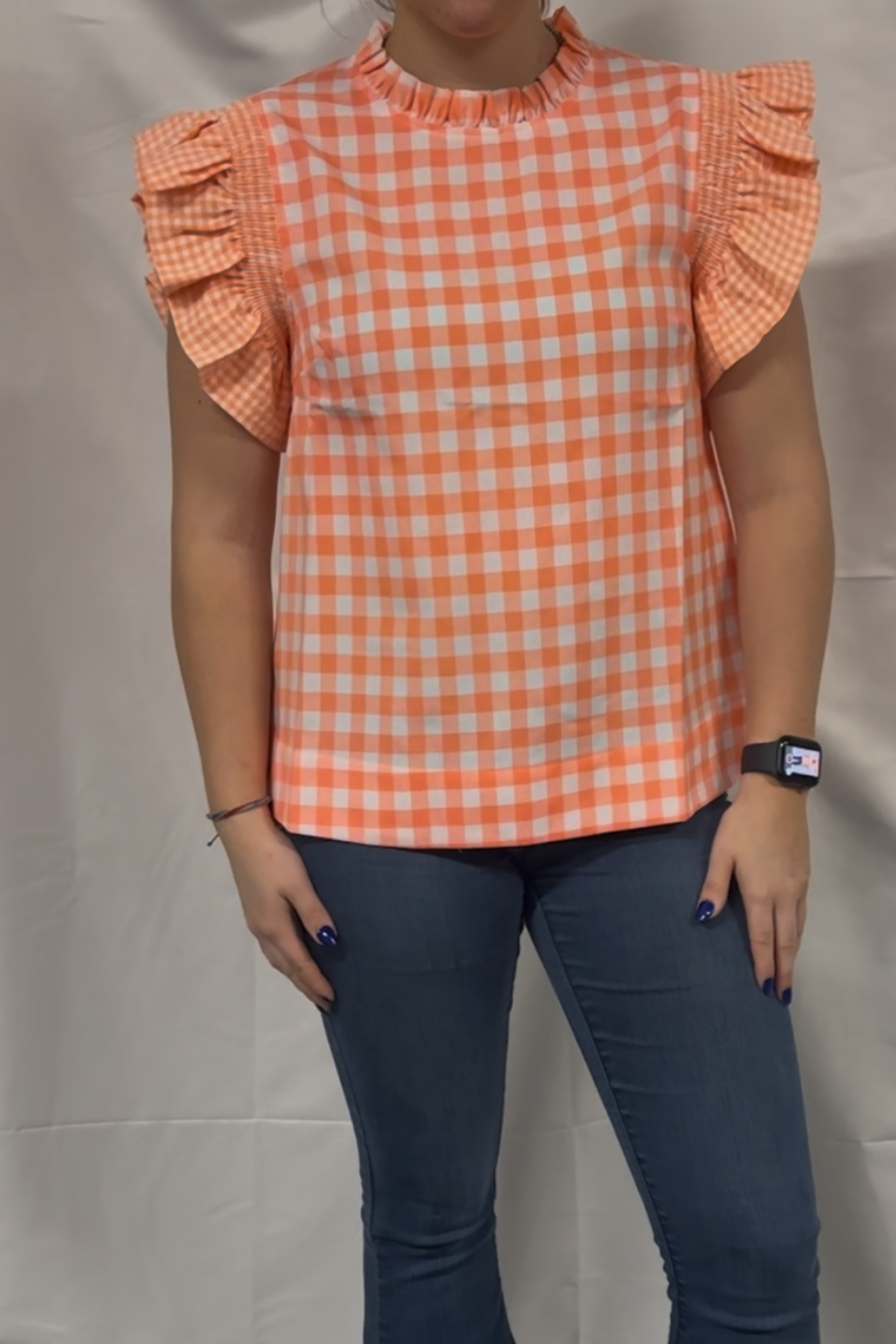 Gingham-check Ruffled Shoulder Top