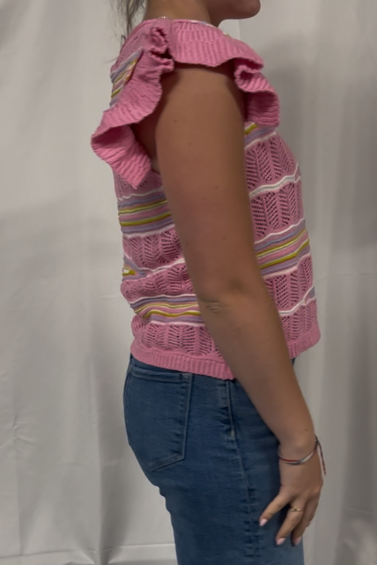 Ruffle Sleeve Pointelle Crop Sweater Top