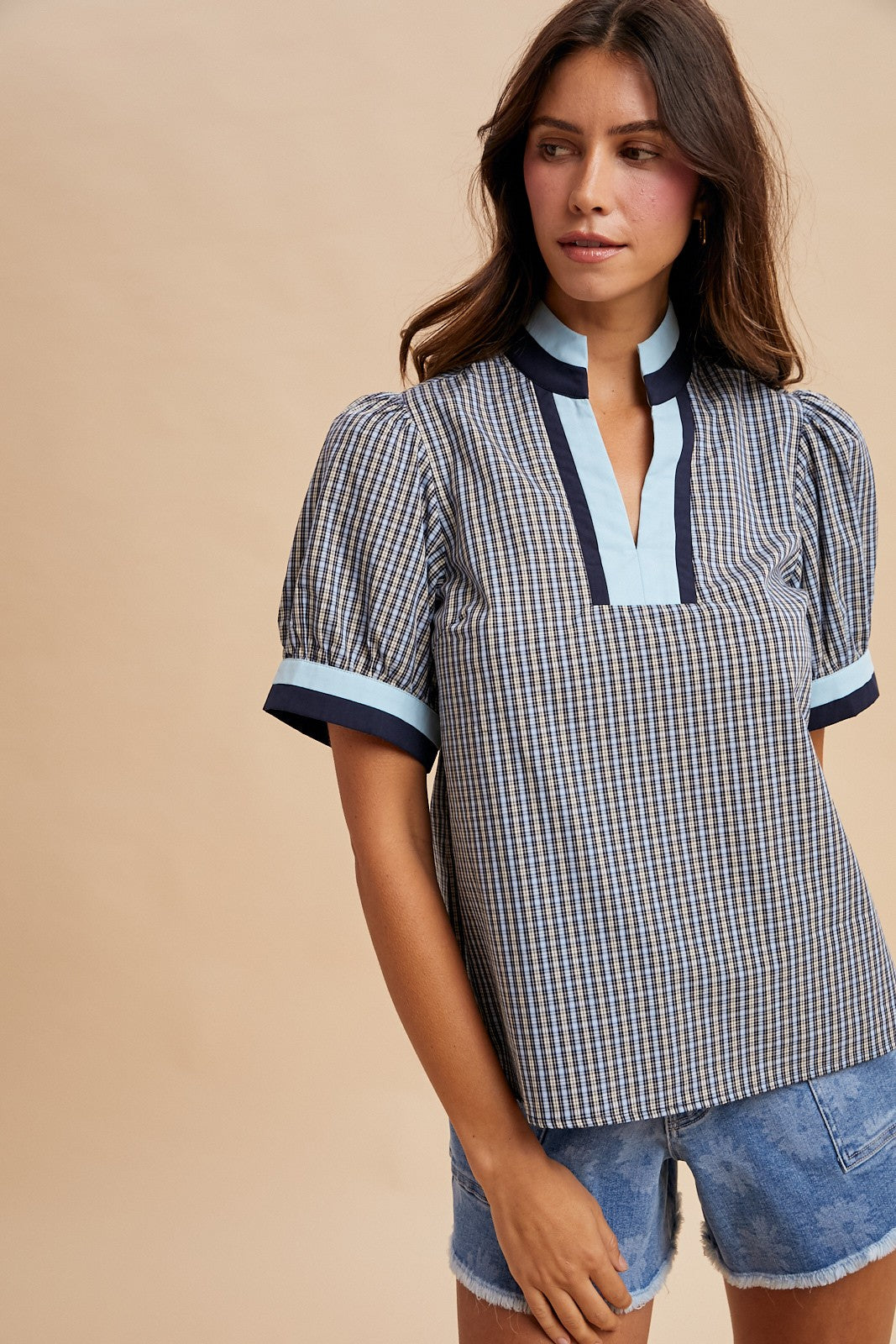 Check Print Blouse With Contrast Neckband Detail