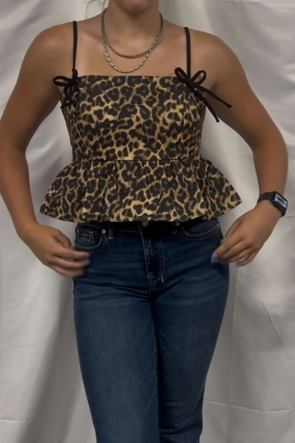 Leopard Print Adjustable Tie Straps Peplum Top