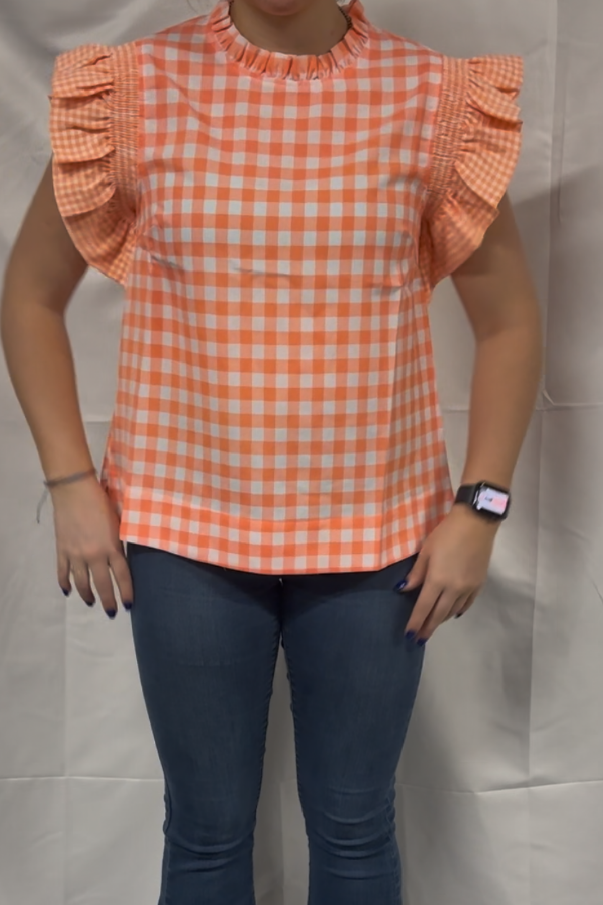Gingham-check Ruffled Shoulder Top