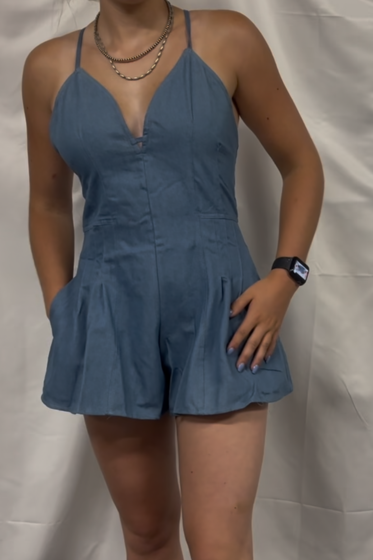 Denim V Neck Halter Neckline X Tie Back Romper