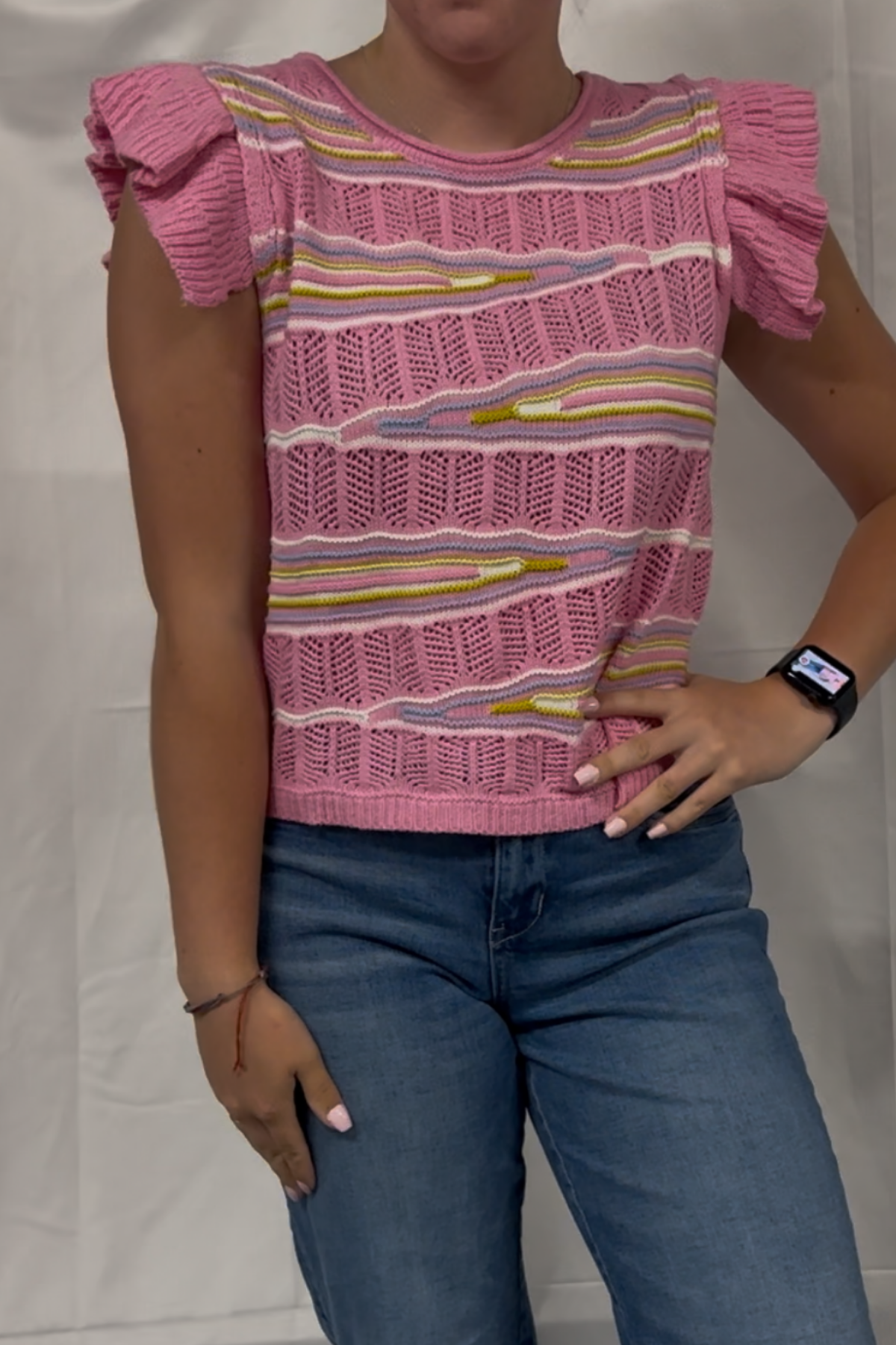 Ruffle Sleeve Pointelle Crop Sweater Top
