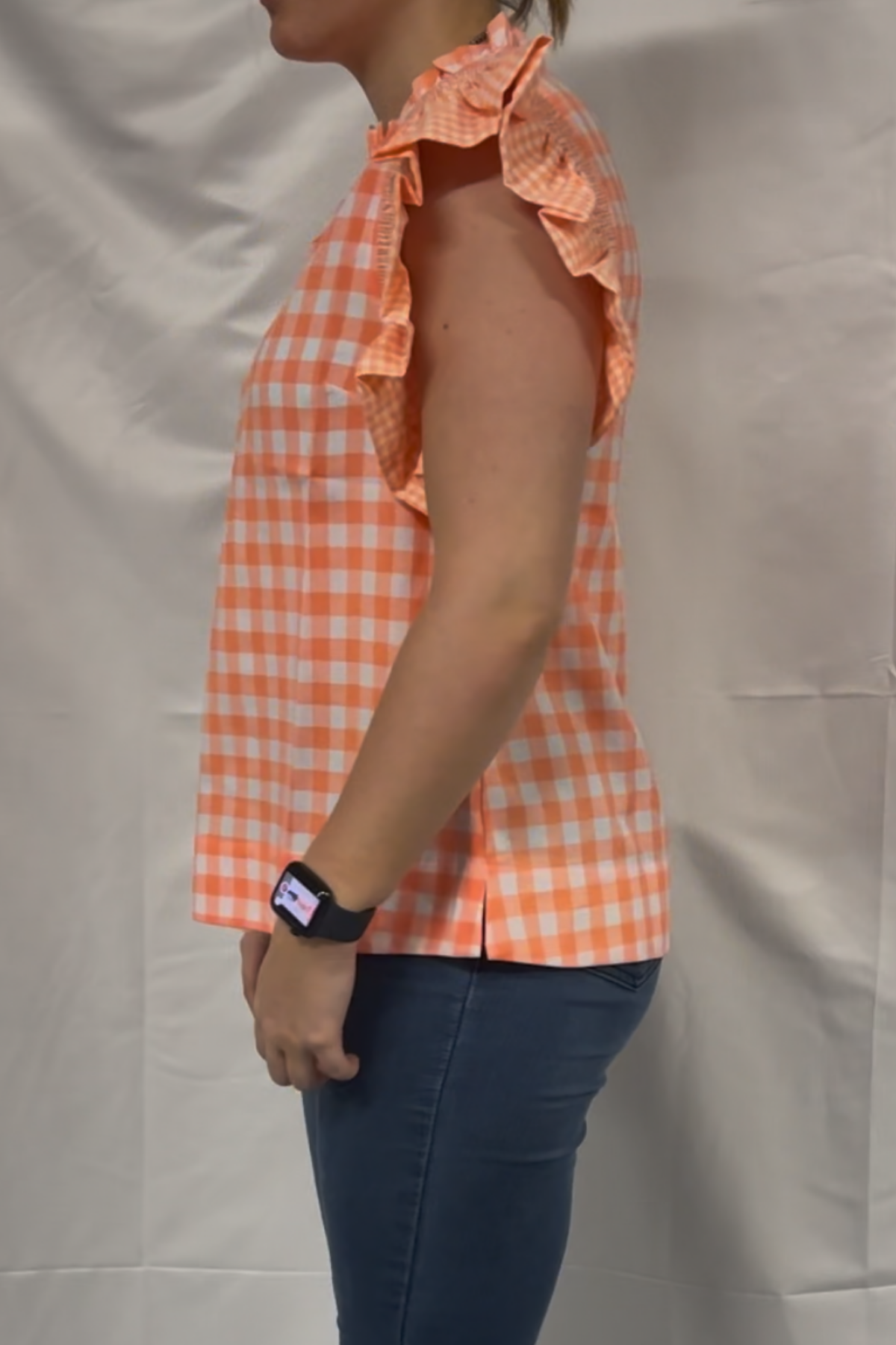 Gingham-check Ruffled Shoulder Top