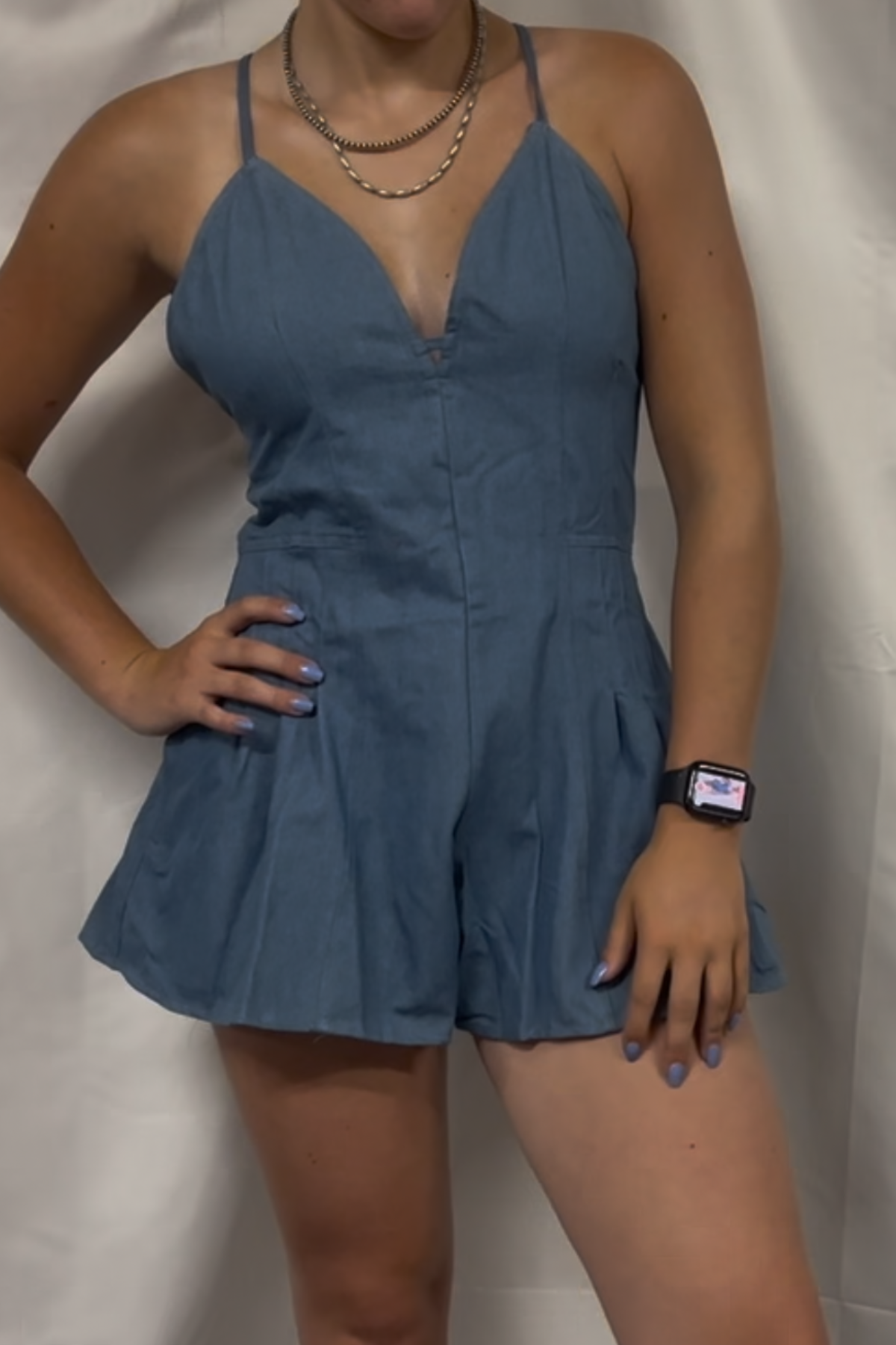 Denim V Neck Halter Neckline X Tie Back Romper