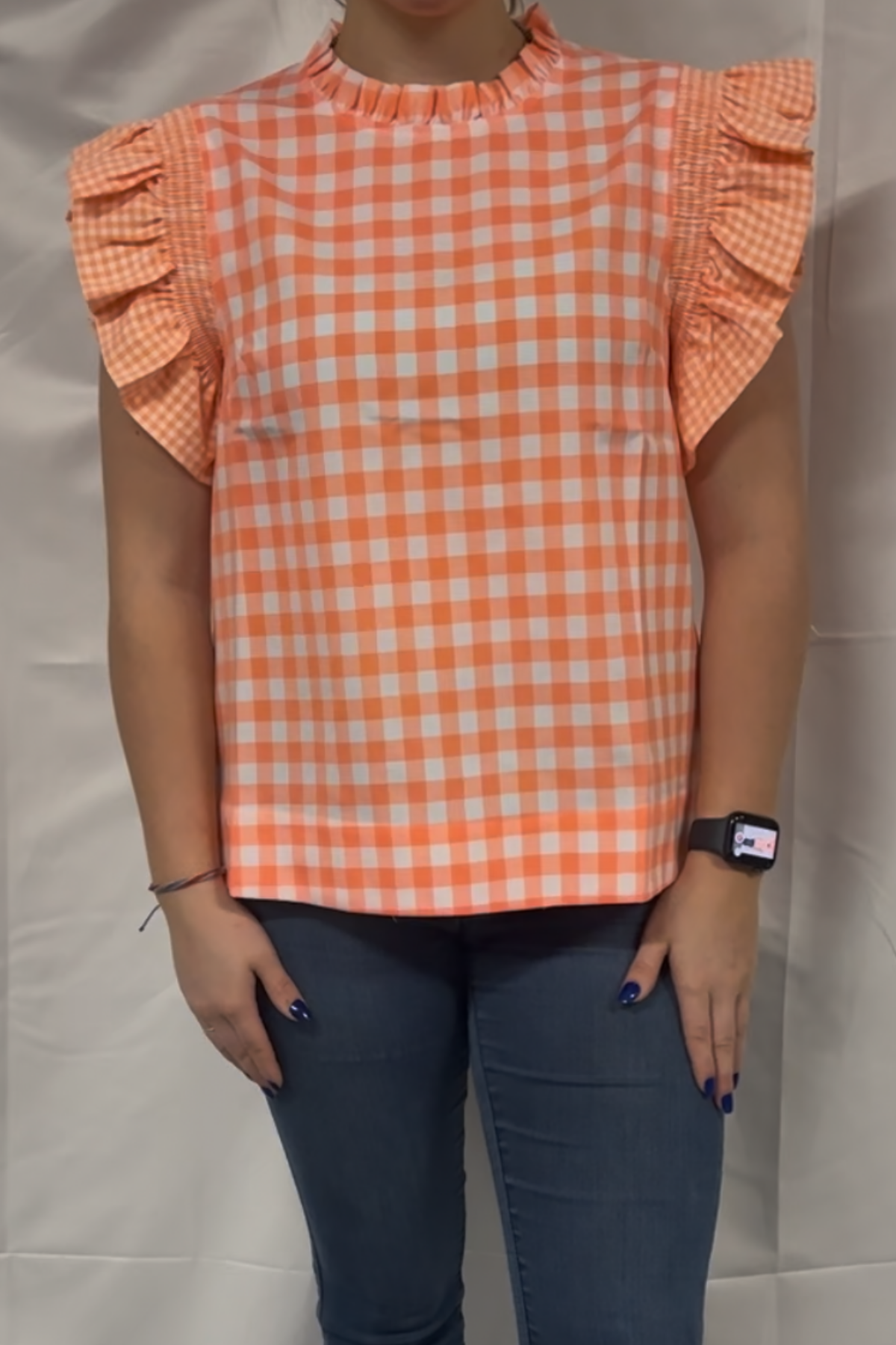 Gingham-check Ruffled Shoulder Top