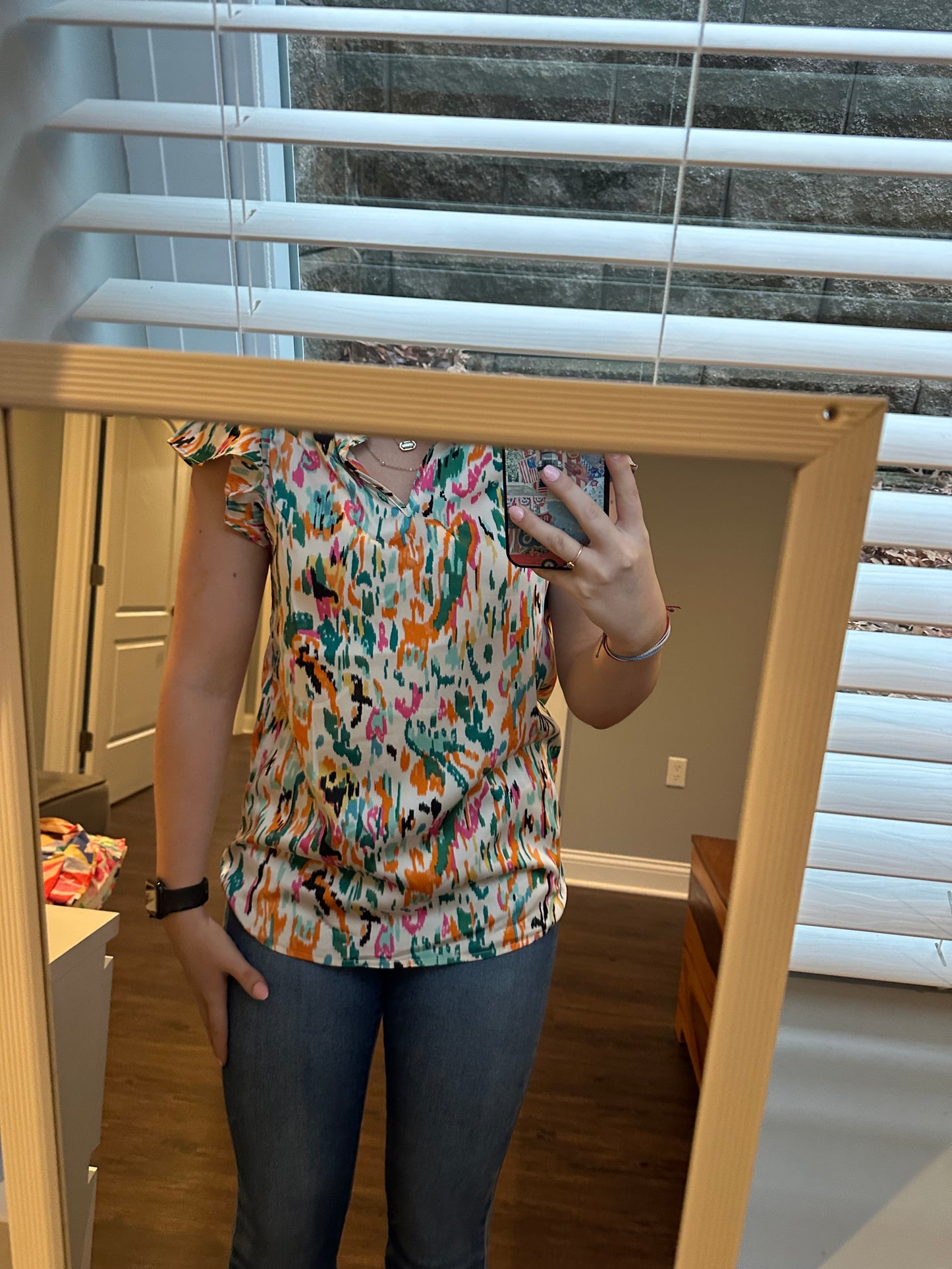 Green Abstract Print Split Neck Ruffle Sleeve Blouse
