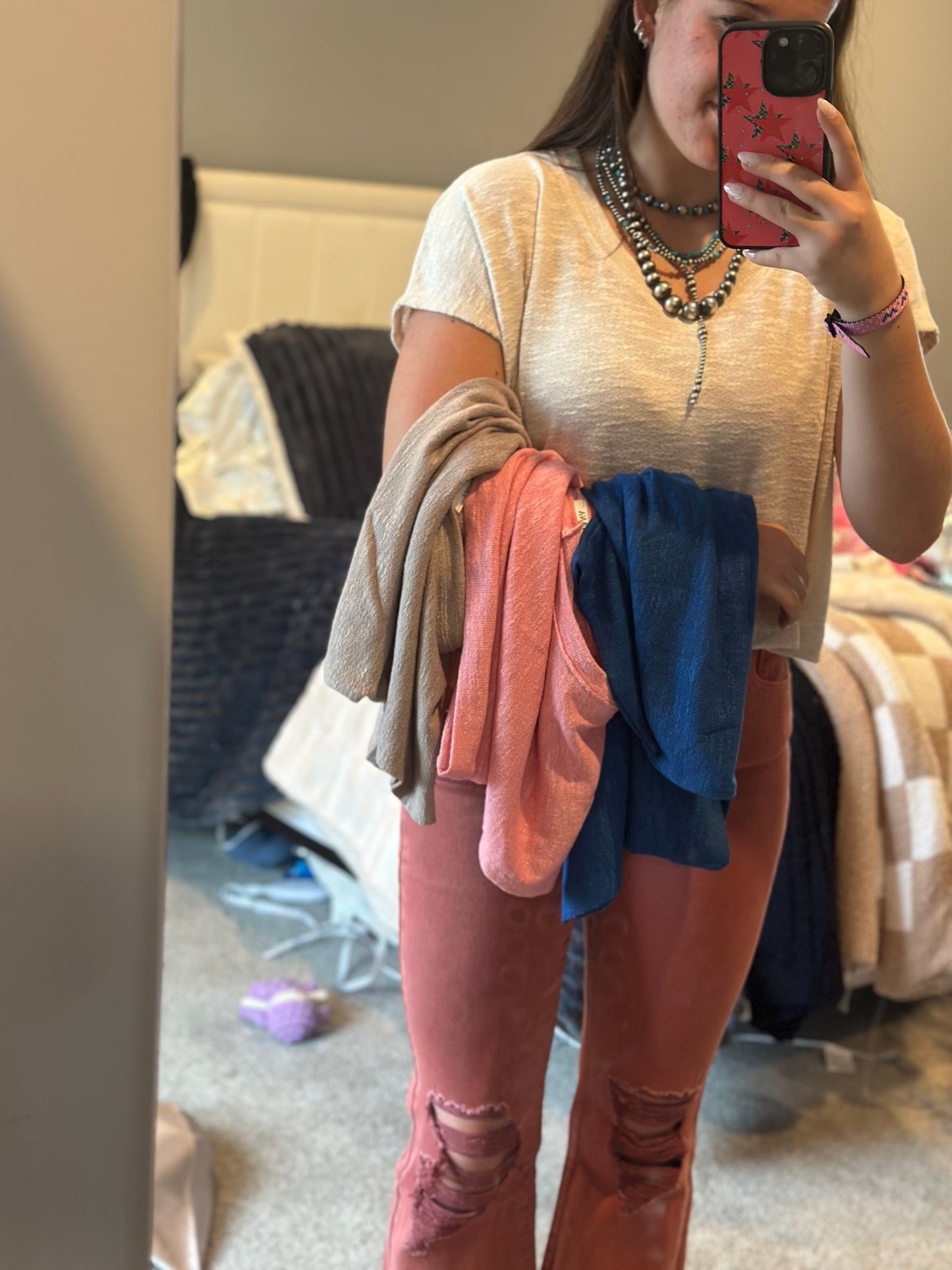 Hacci slub v-neck drop shoulder crop top