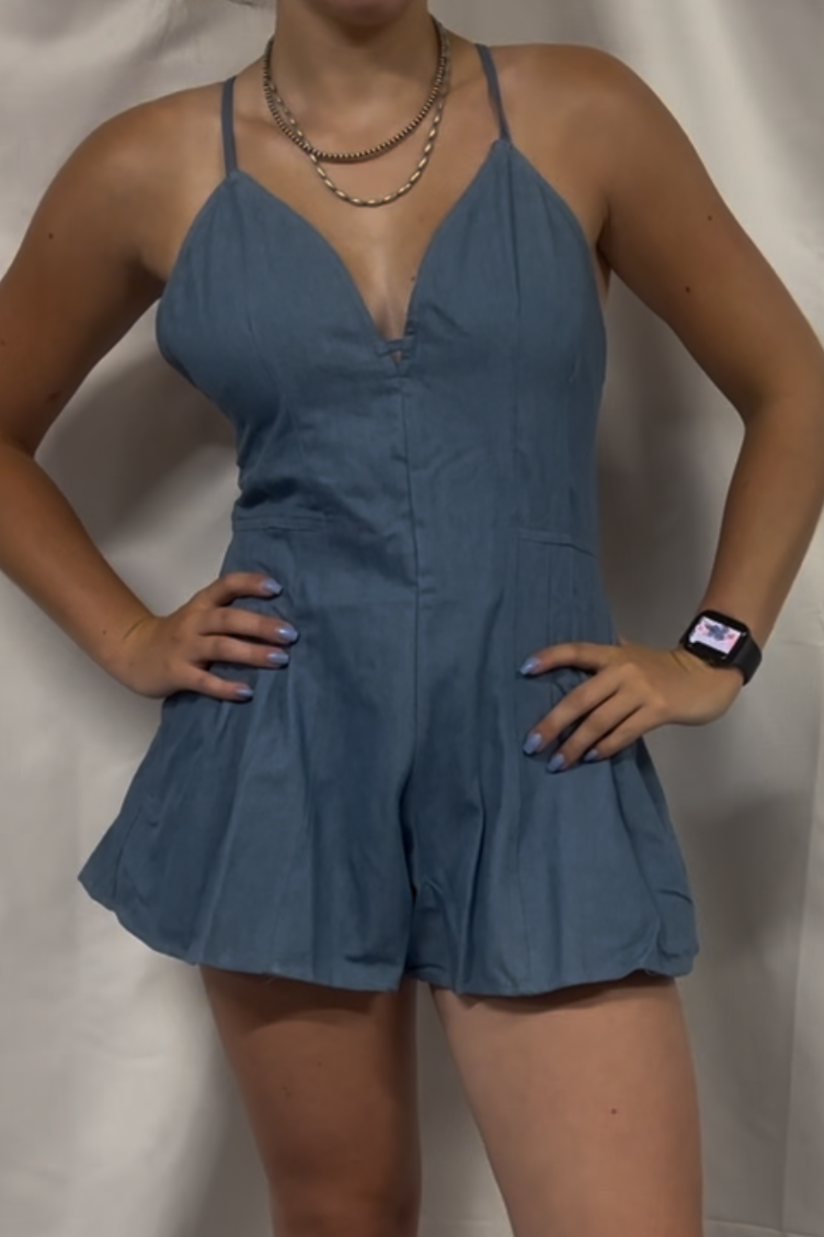 Denim V Neck Halter Neckline X Tie Back Romper