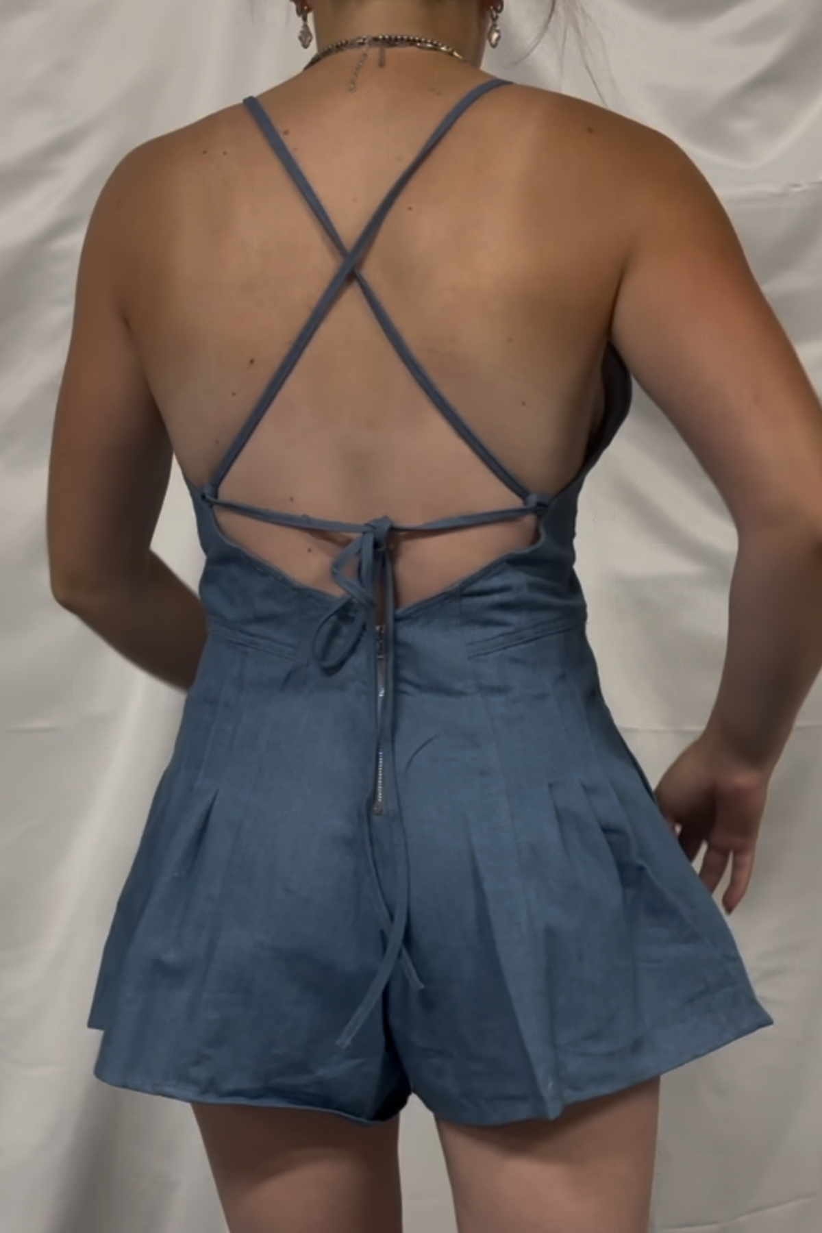 Denim V Neck Halter Neckline X Tie Back Romper
