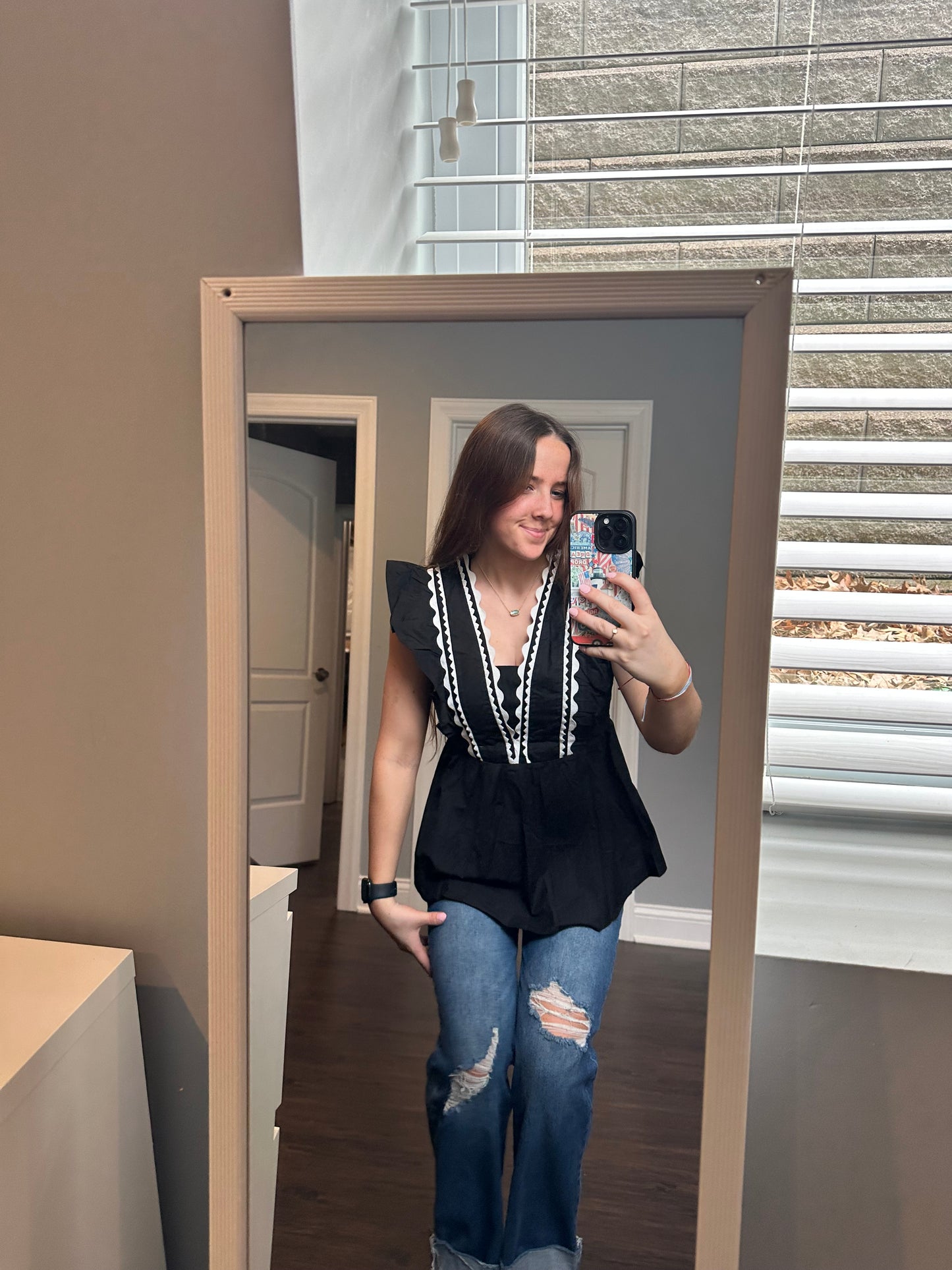 Black Contrast Ricrac Trim Ruffled V Neck Peplum Top