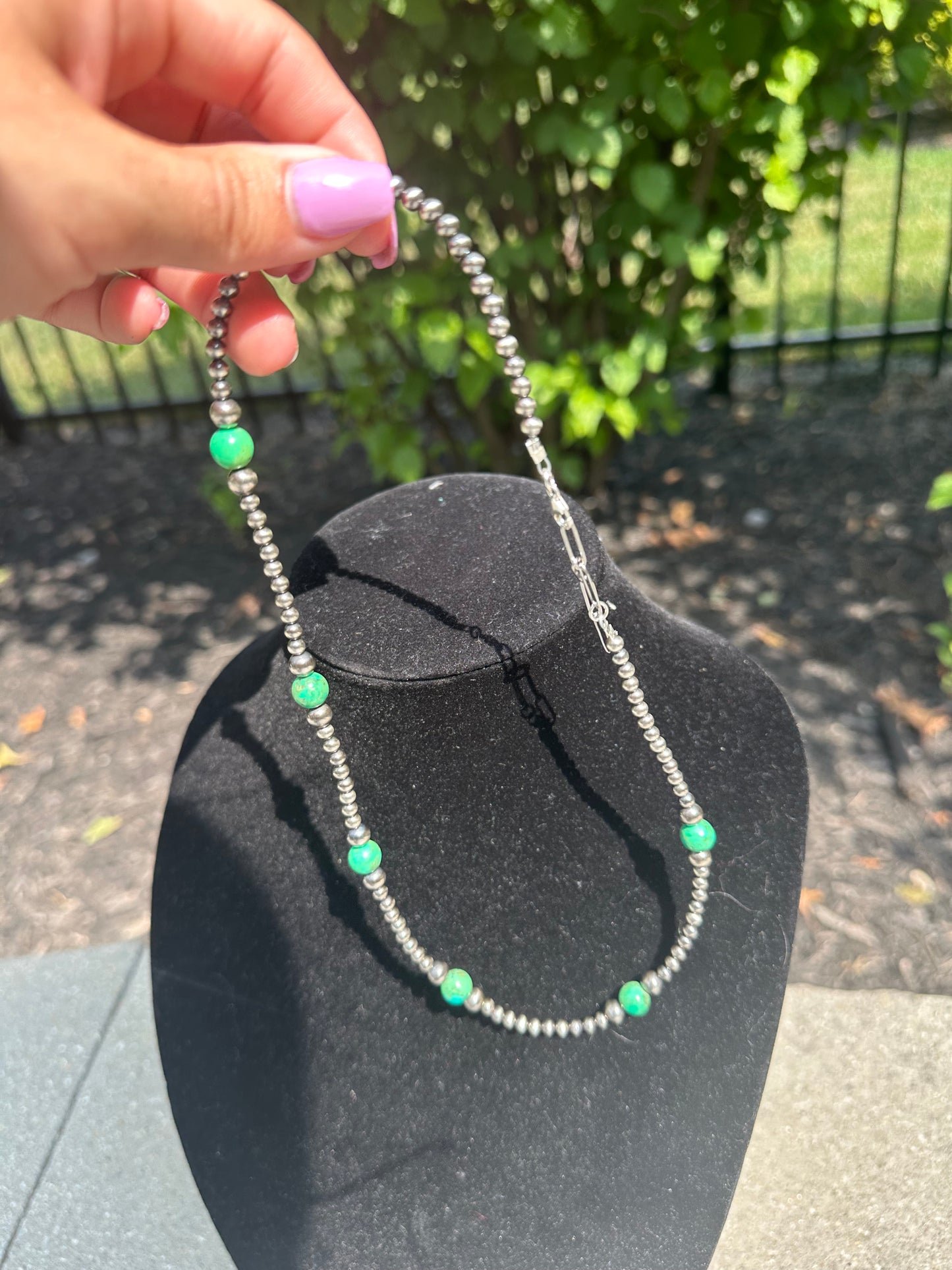 4-8mm graduated navajo style pearl + green turquoise necklace