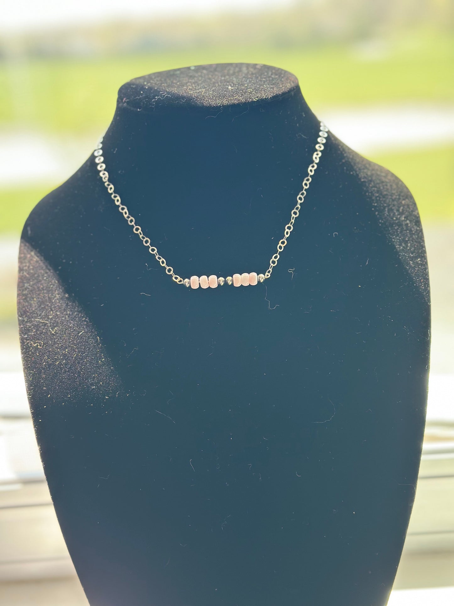 queen pink conch + 4mm sterling silver bead bar - Sterling Silver chain necklace