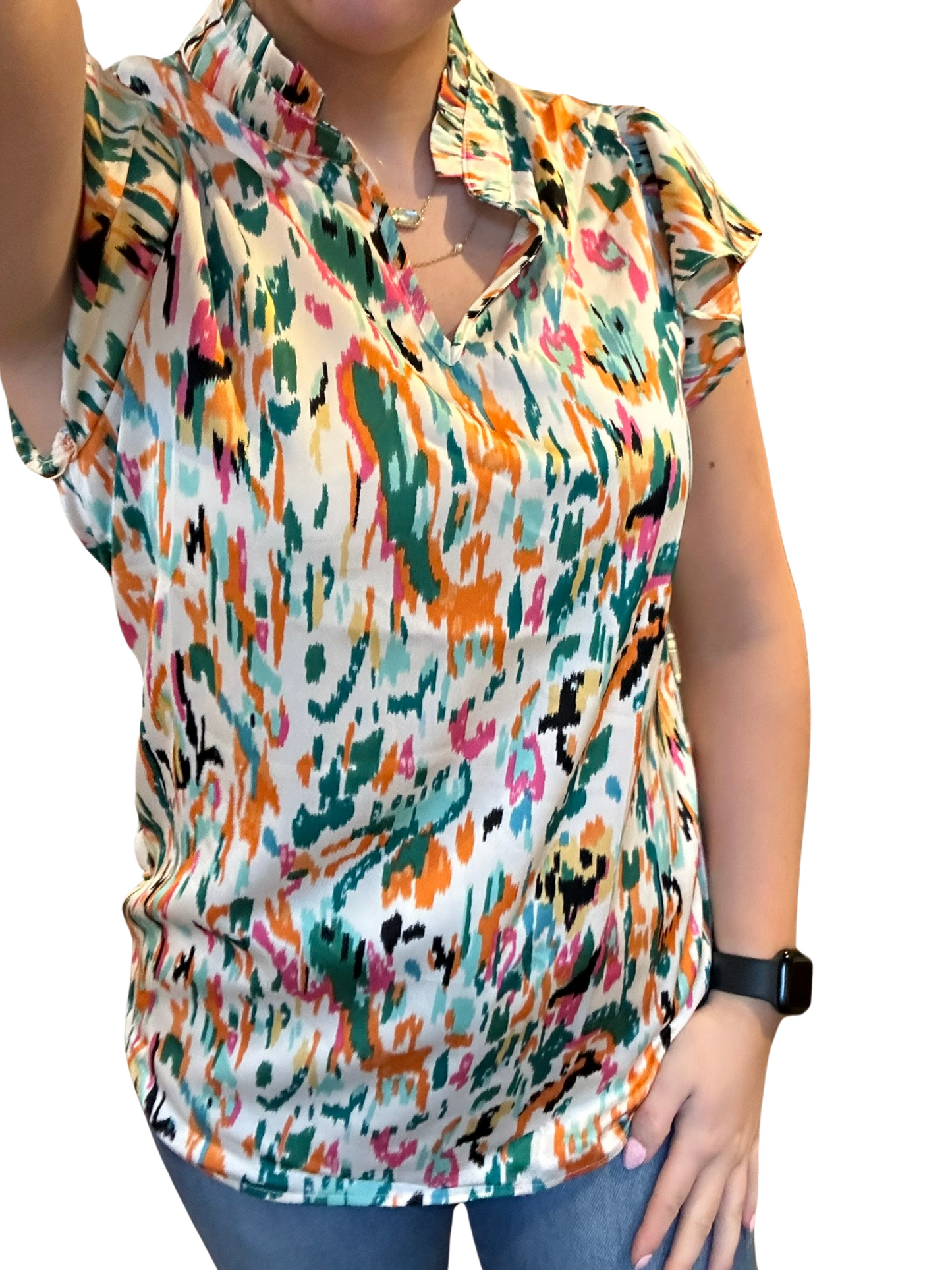 Green Abstract Print Split Neck Ruffle Sleeve Blouse