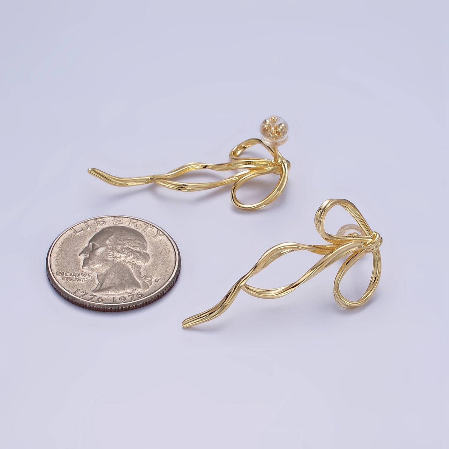 Gold Filled Curved Tied Ribbon Bow Stud Earrings