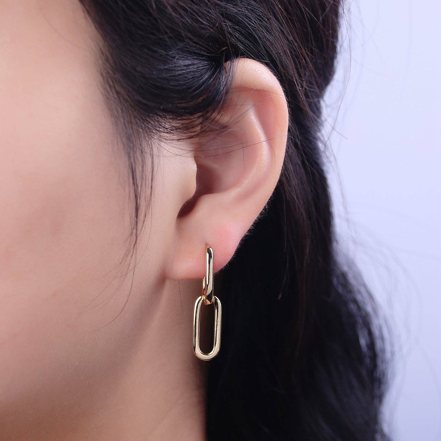 Gold Filled Oval Hoop Chunky Earrings With Dangle Link Chain Rectangular Hoop Earrings, Geometric Hoops T-295