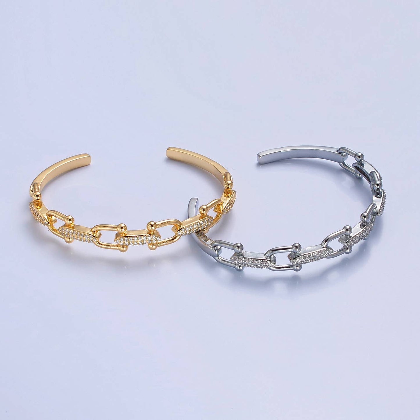 Gold U Link Bangle Cuff Bracelet Silver CZ Link Chain