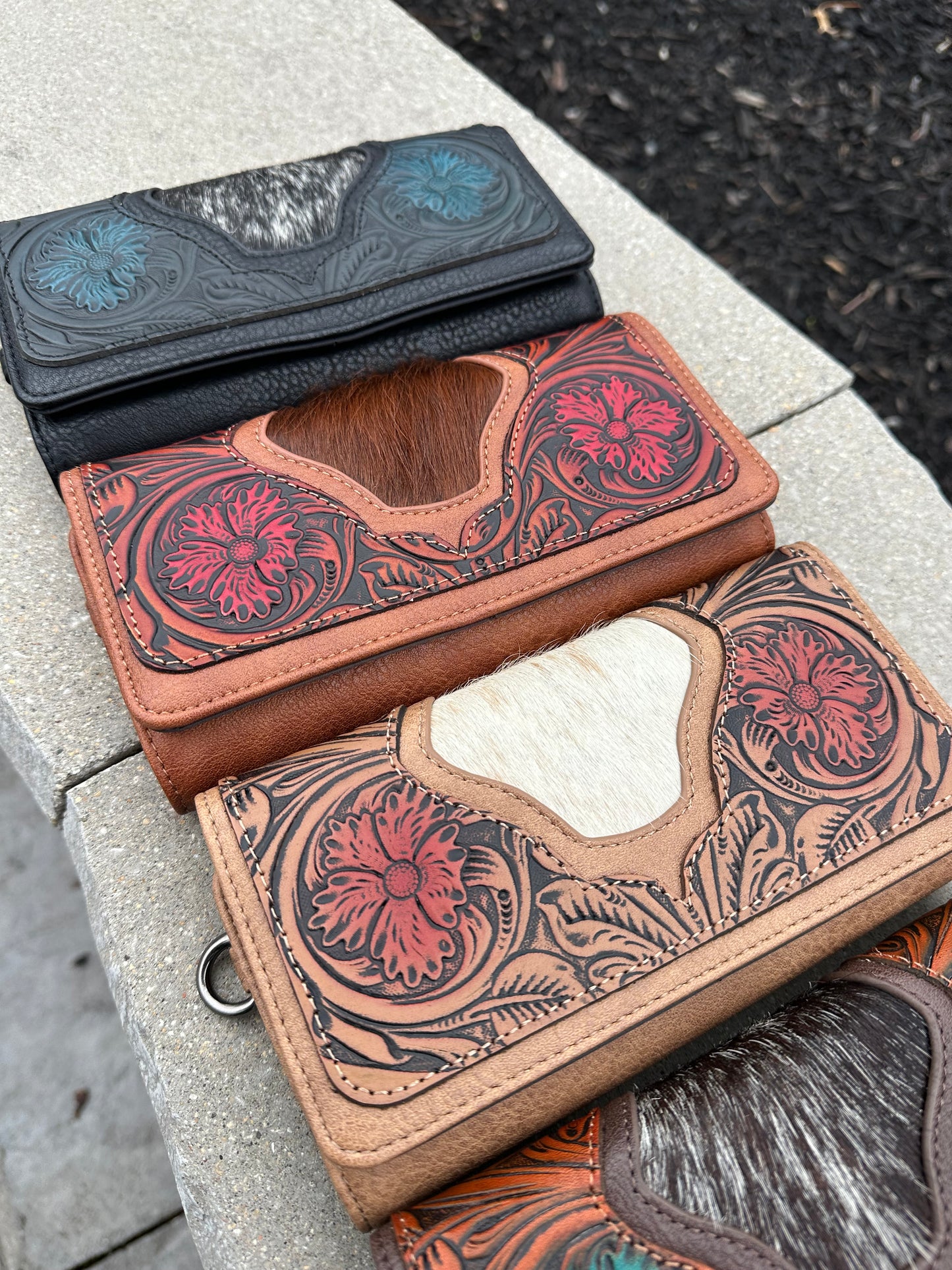 Trinity Ranch Floral Tooled and Hair-On Cowhide Collection Wallet