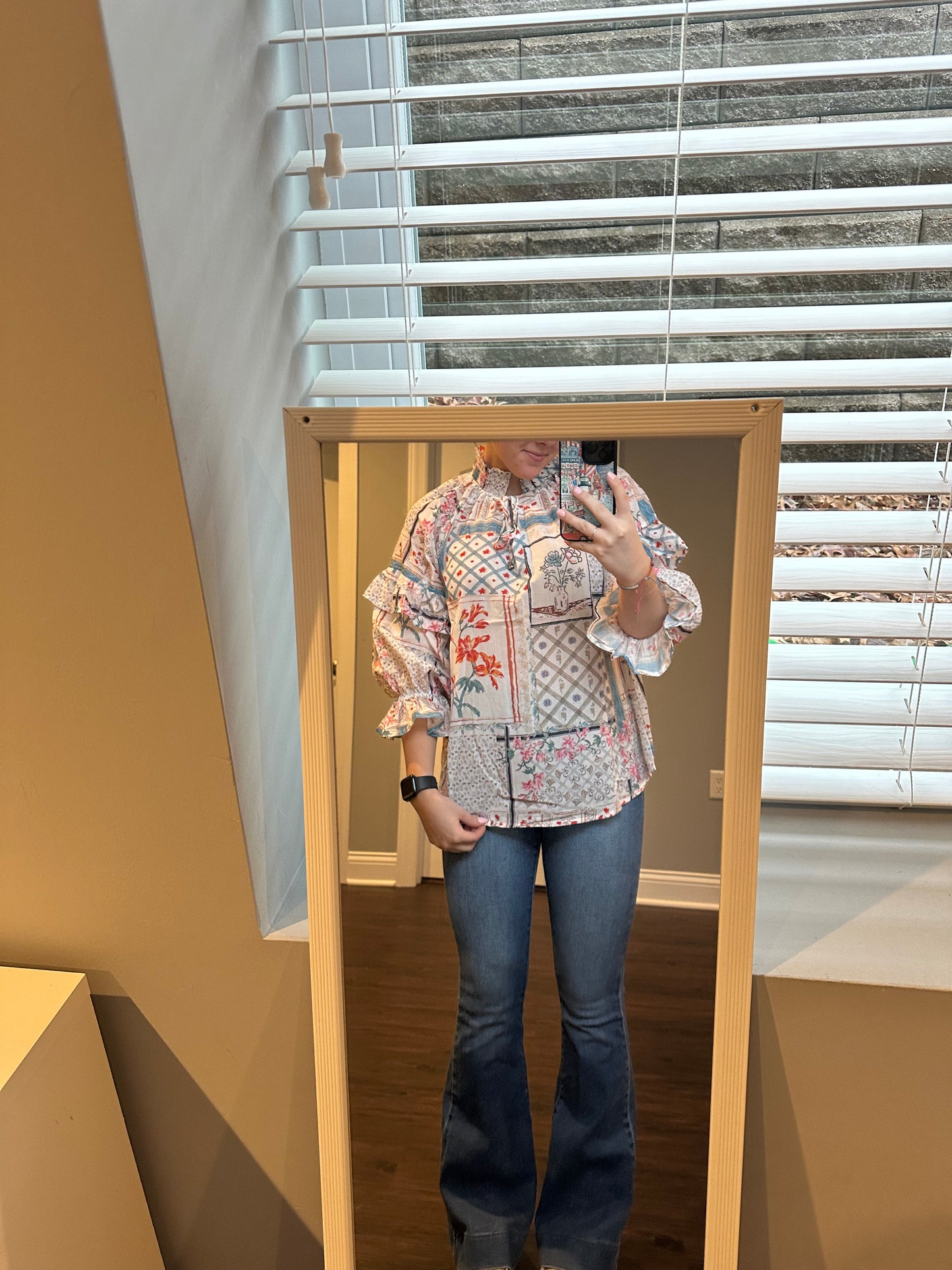 Multicolour Boho Floral Patched Ruffled Sleeve Tied Neck Blouse