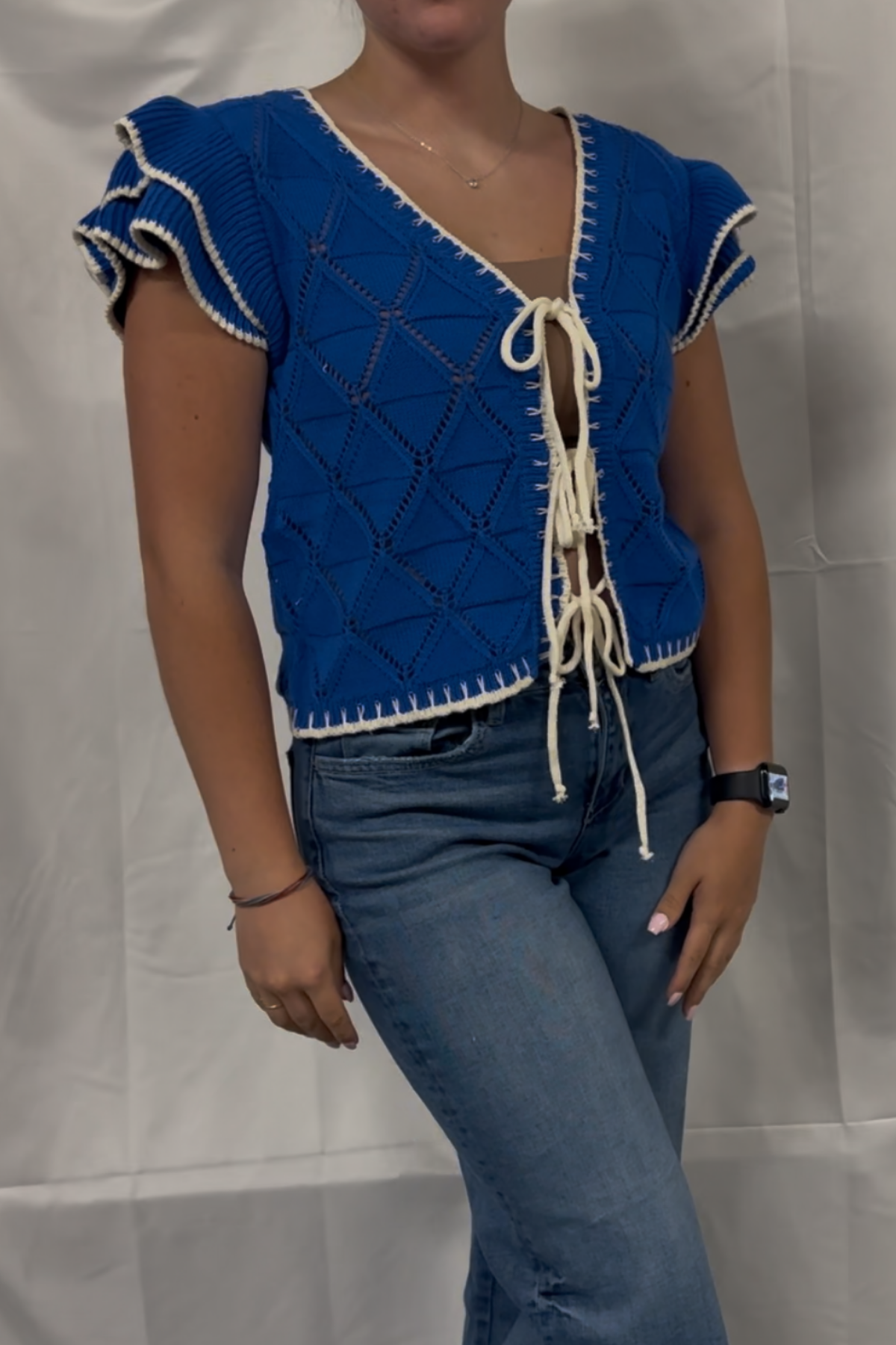 Tie Front Flutter Sleeve Pointelle Sweater Top