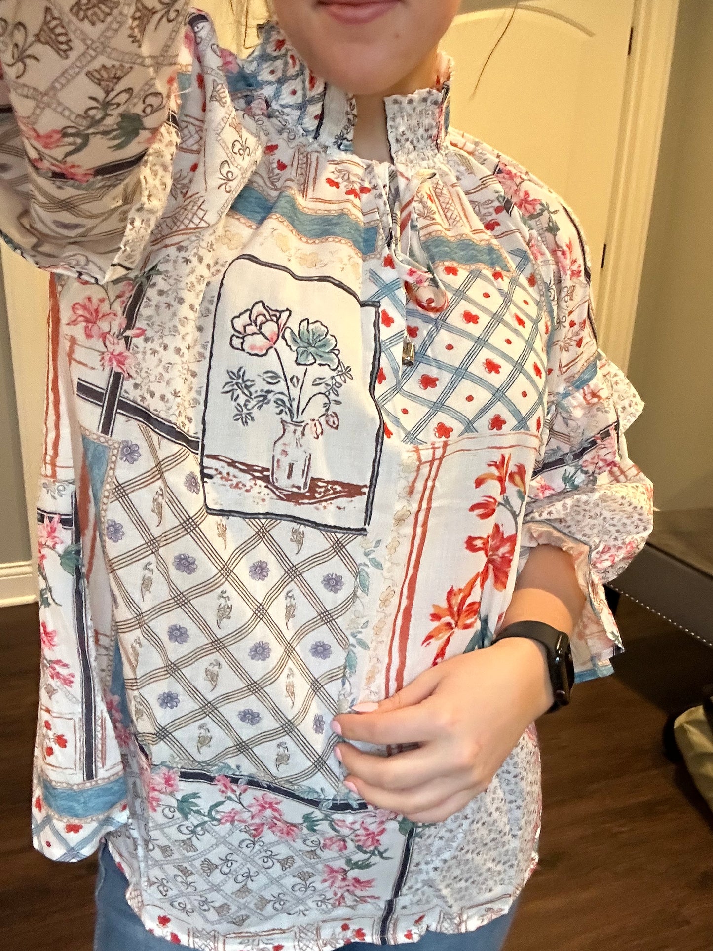 Multicolour Boho Floral Patched Ruffled Sleeve Tied Neck Blouse