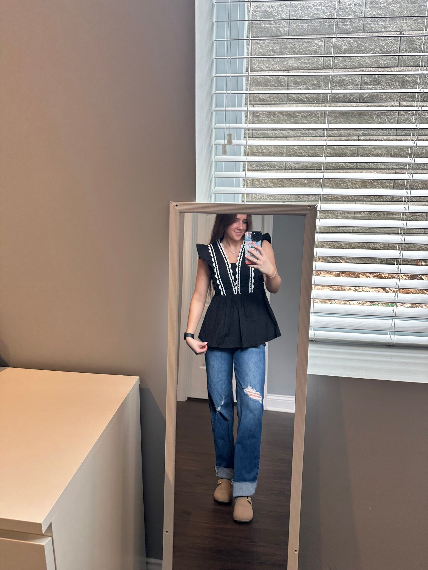 Black Contrast Ricrac Trim Ruffled V Neck Peplum Top