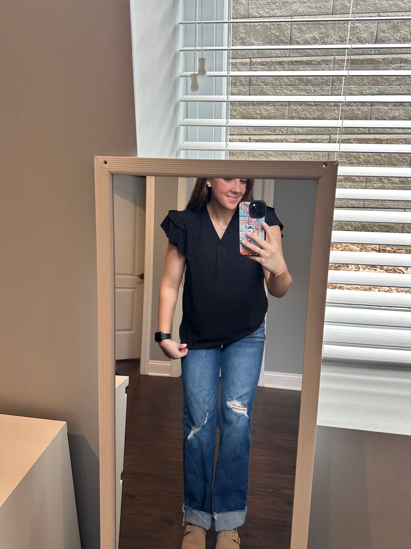 Black V Neck Ruffle Short Sleeve Blouse