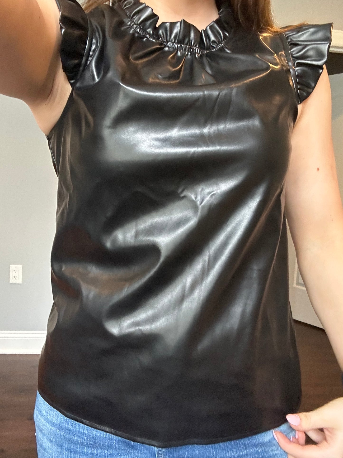 Black PU Leather Frilly Ruffle Trim Blouse