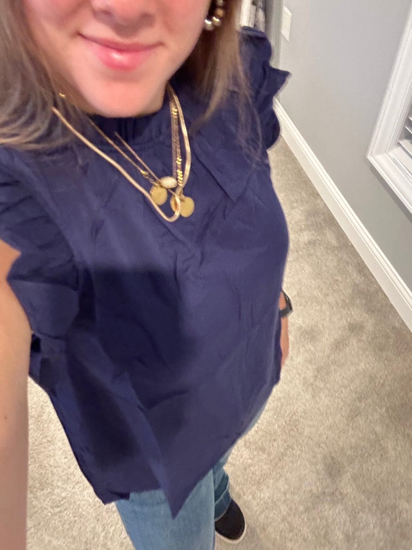 Navy Blue Ruffled mock neck top