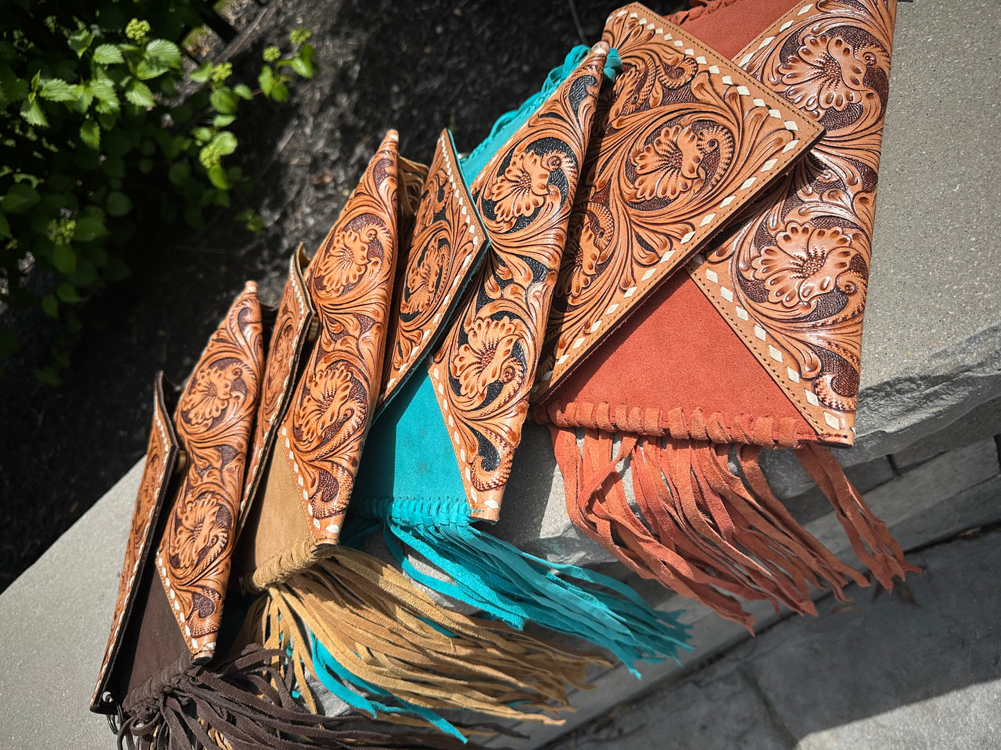 Hand Tooled Suede Leather Fringe Crossbody Bag