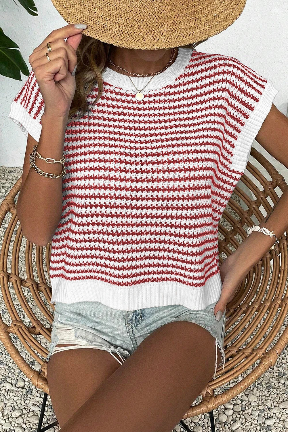 Stripe Contrast Trim Knit Dolman sweater vest *TWO COLORS*