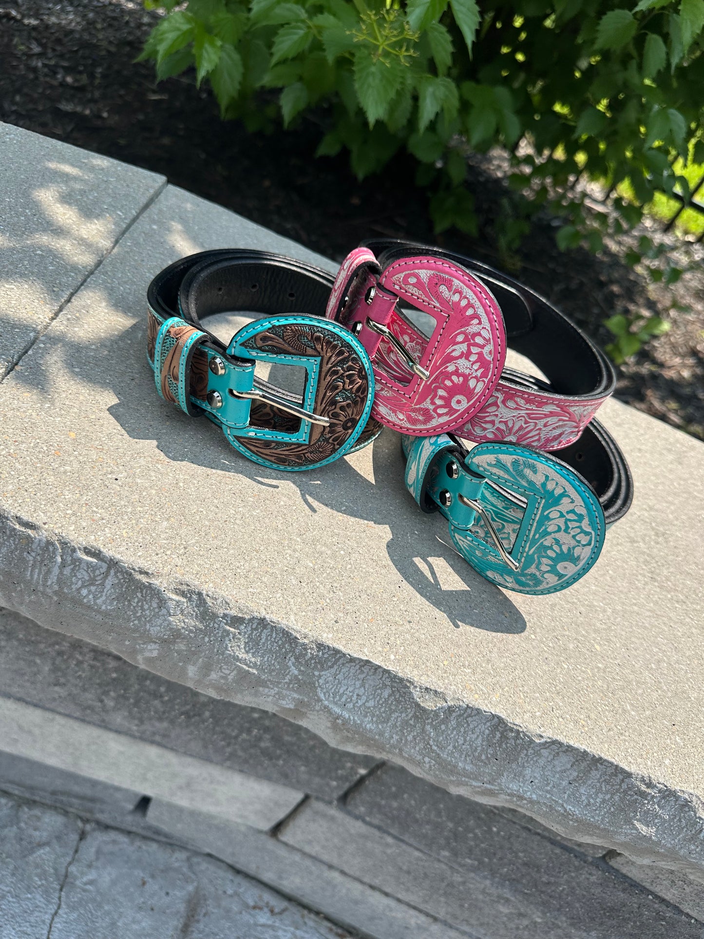 Hand Tooled Genuine Leather Wide Rounded Buckles Belt *3colors