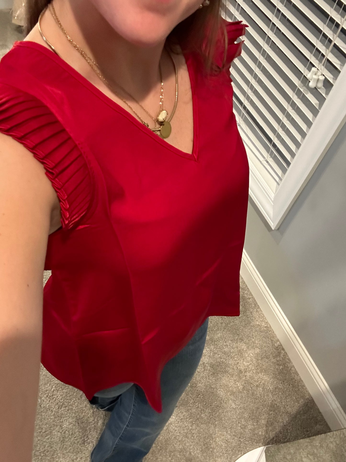 Red Classic V Neck Pleated top