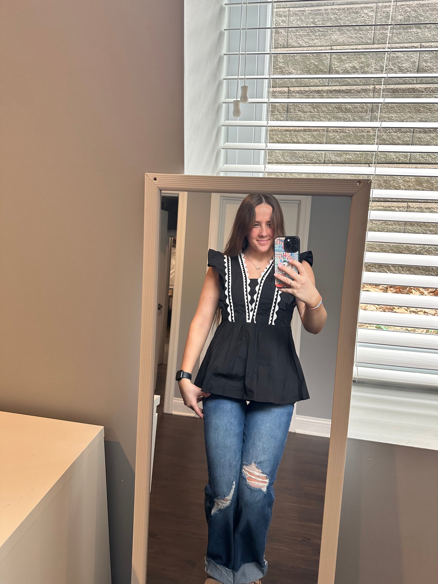 Black Contrast Ricrac Trim Ruffled V Neck Peplum Top