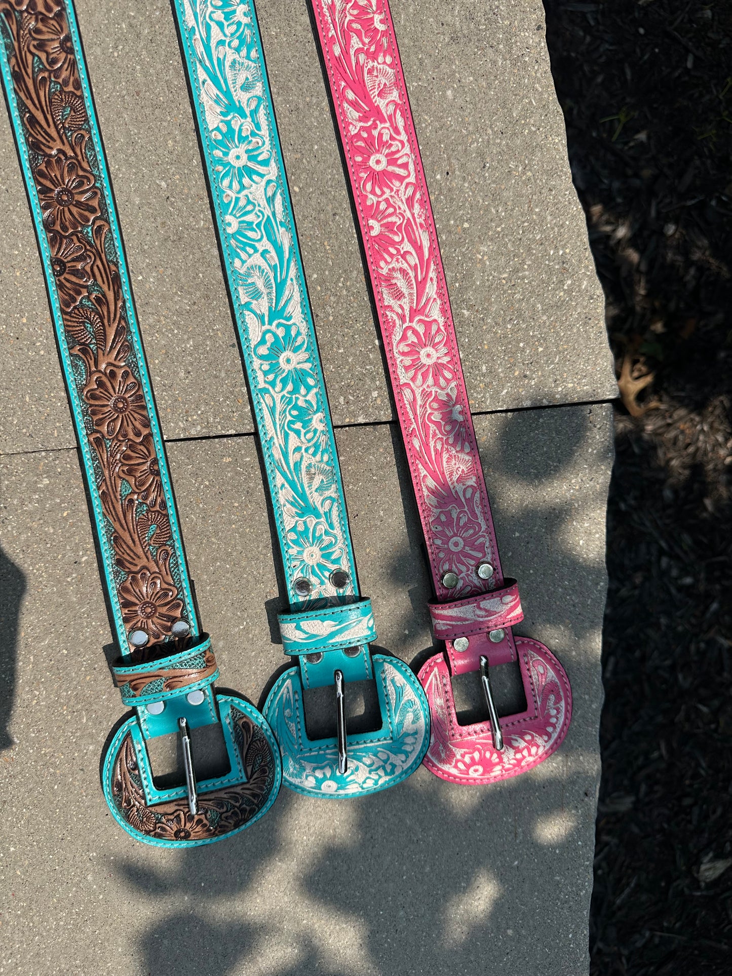 Hand Tooled Genuine Leather Wide Rounded Buckles Belt *3colors