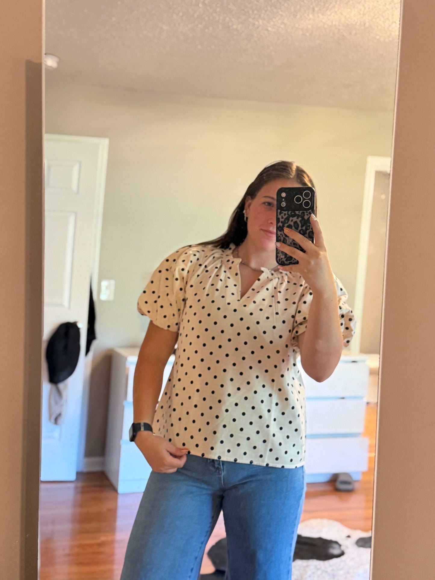 LINEN BLEND POLKA DOT PRINT BUBBLE SLEEVE BLOUSE TOP