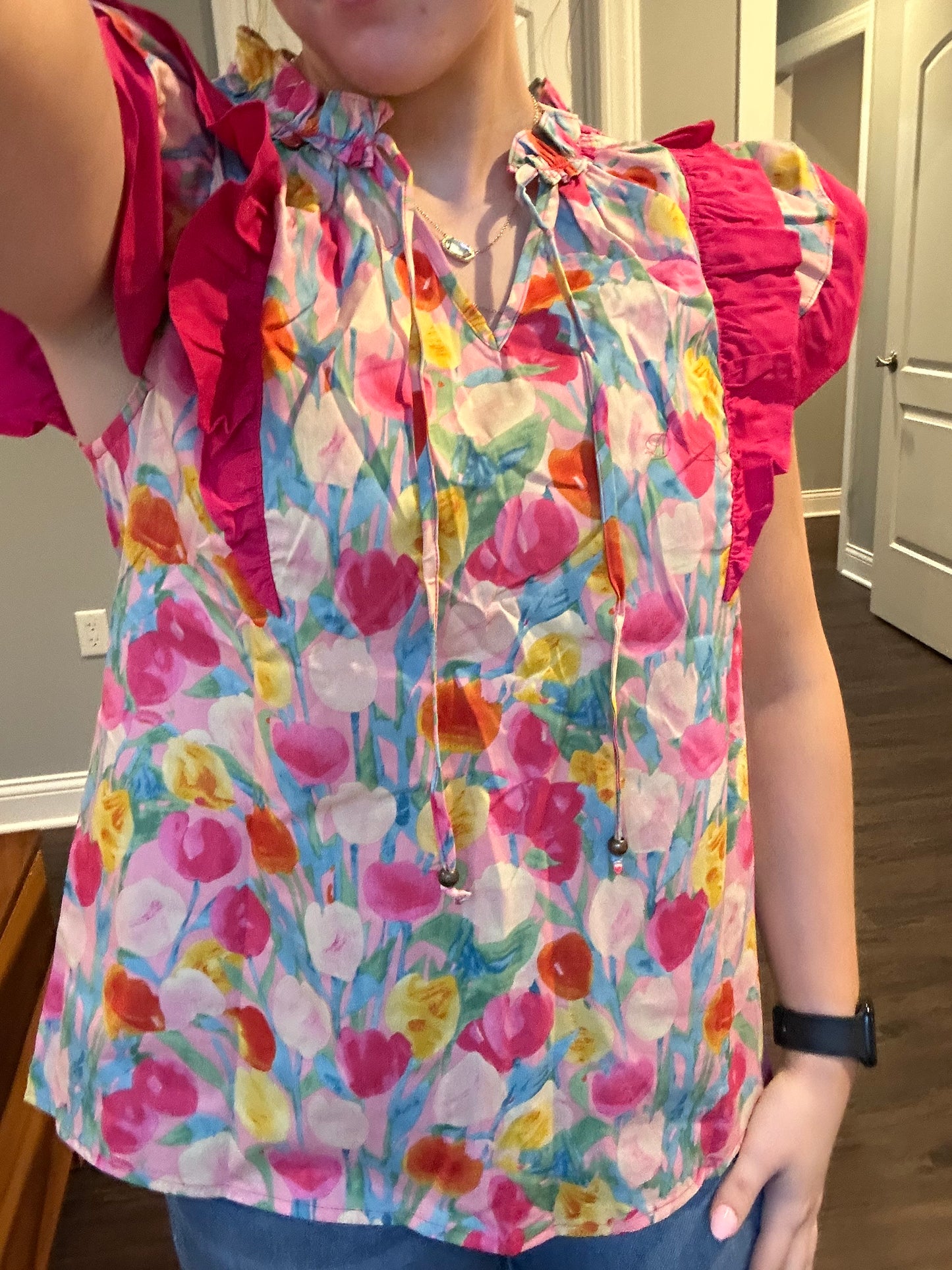 Pink Floral Layered Ruffle Flutter Sleeve Tie V Neck Blouse